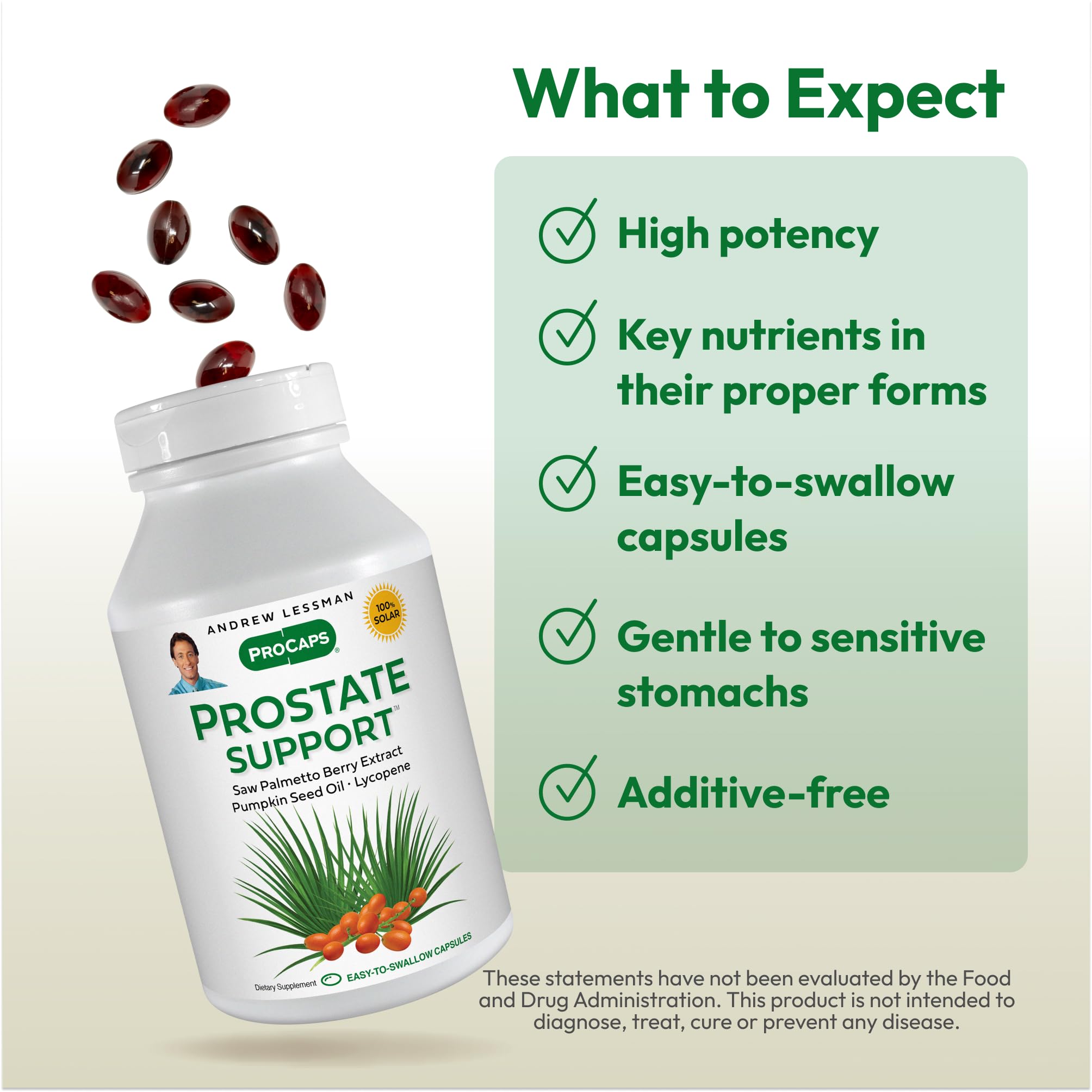 ANDREW LESSMAN Saw Palmetto Supplement with ingredients displayed