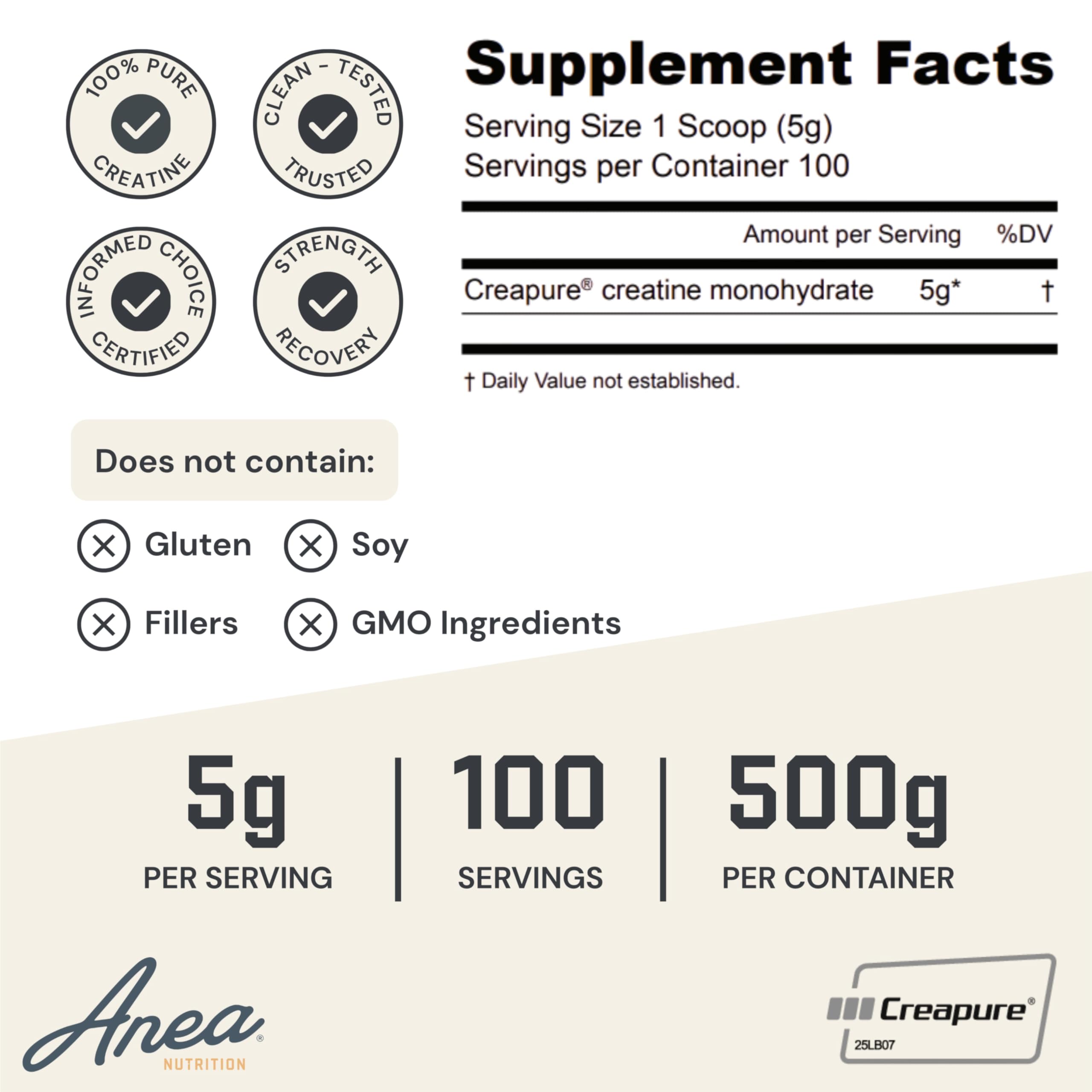 Anea Nutrition Creapure Creatine Monohydrate powder in a scoop