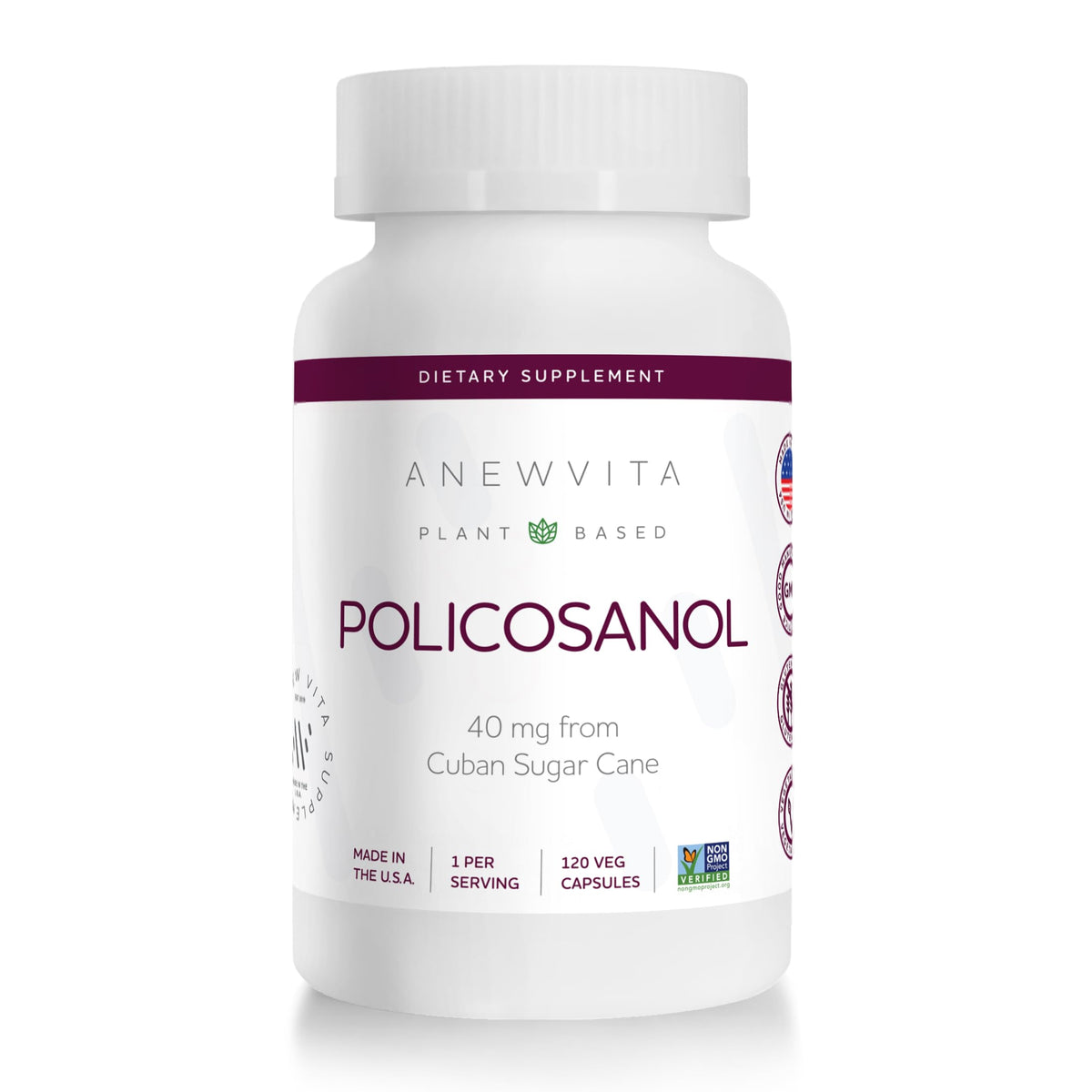 Anew Vita Policosanol Supplement 120 Non-GMO capsules front view