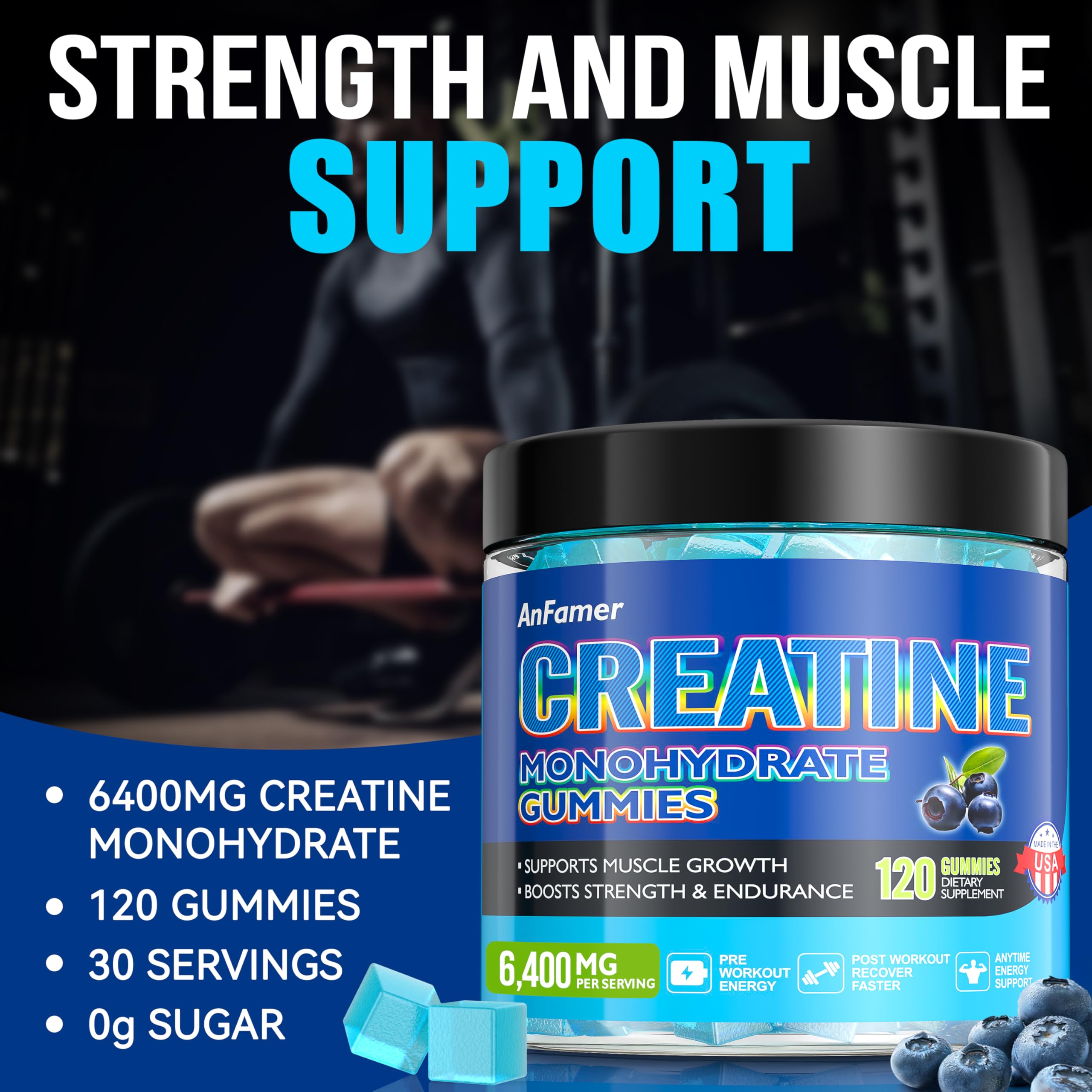 AnFamer Creatine Gummies bottle side view, 120 count