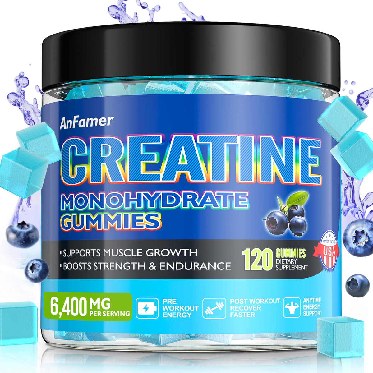 AnFamer Creatine Monohydrate Gummies front view, natural blueberry flavour