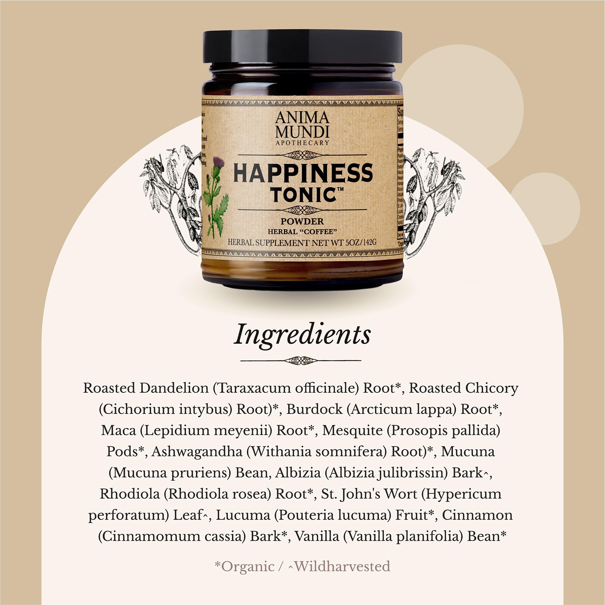 Anima Mundi Happiness Tonic Powder in a bowl with a scoop