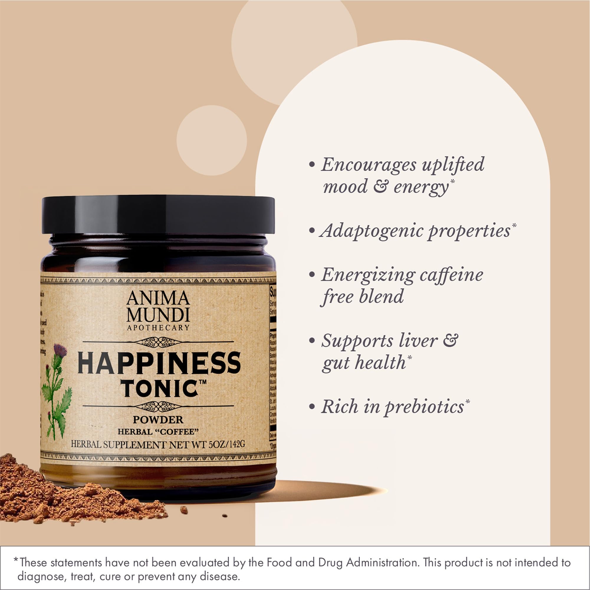 Anima Mundi Happiness Tonic Powder side view with ingredients