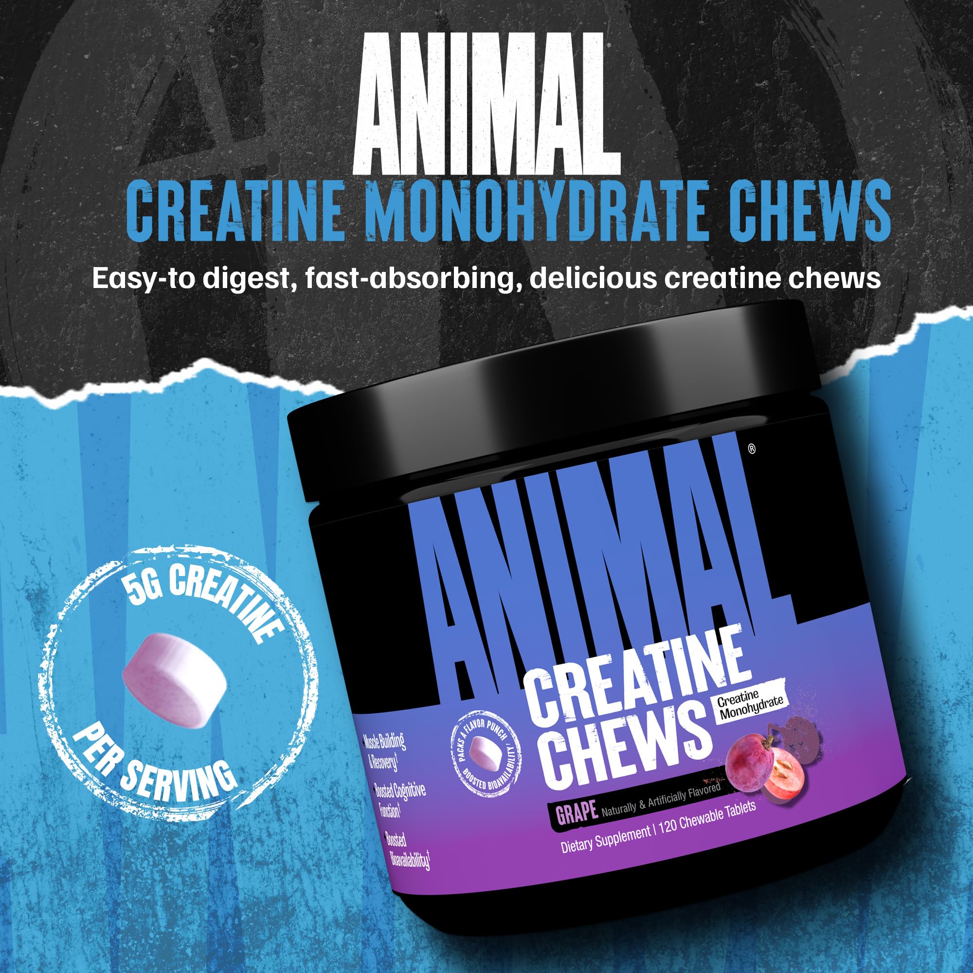 Animal Creatine Chews packaging with nutritional information