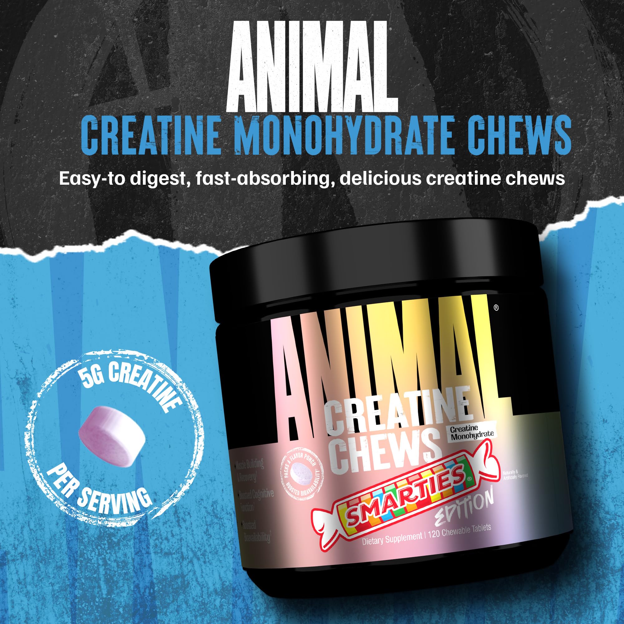 Animal Creatine Chews Smarties Edition chewable tablets close-up