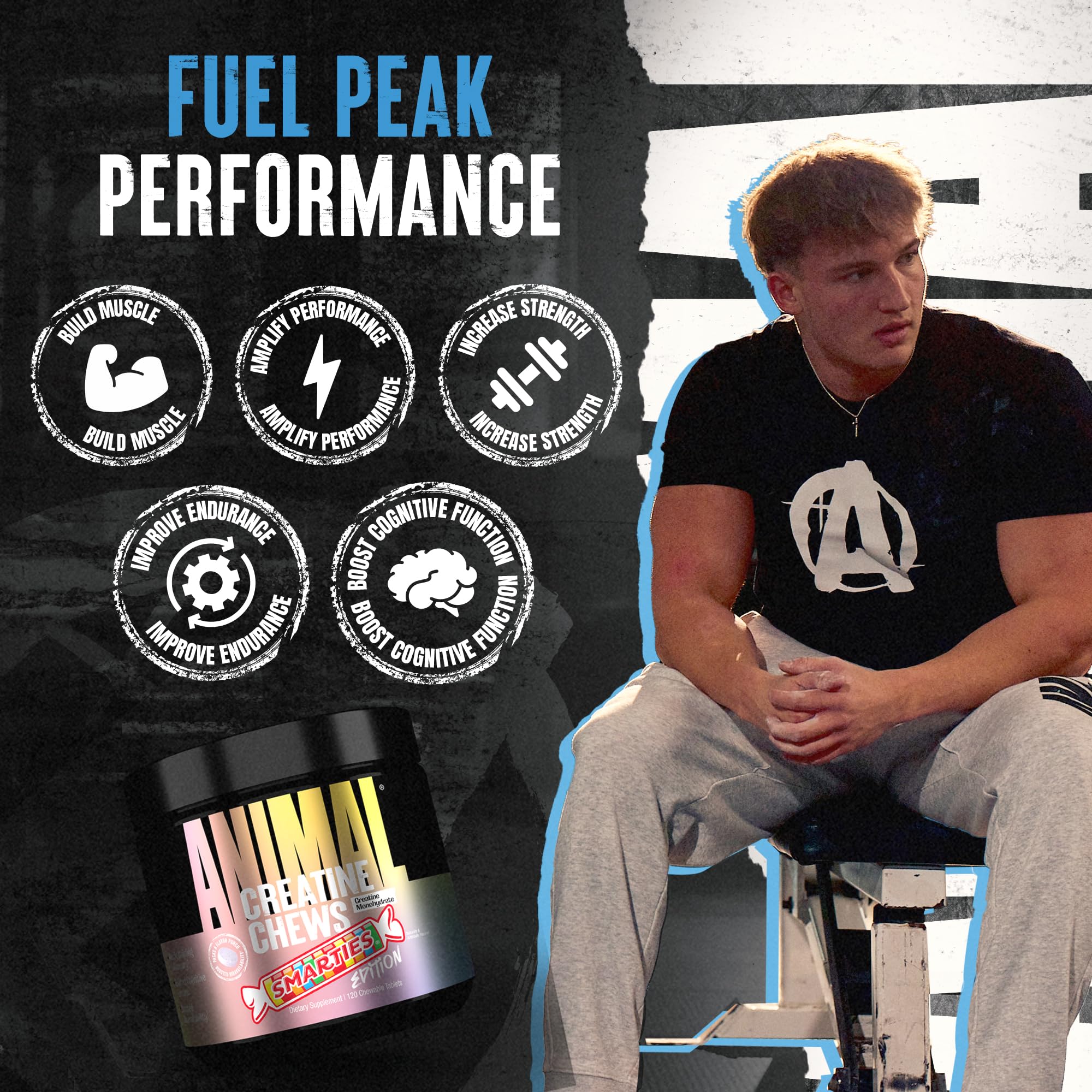 Animal Creatine Chews Smarties Edition tablets on a gym bag