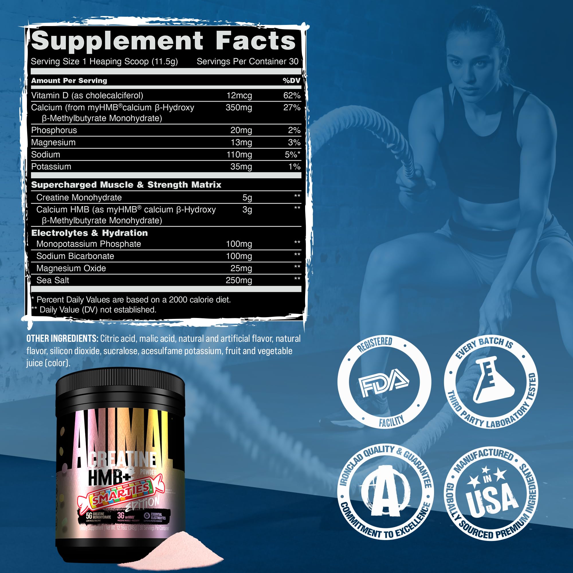 Animal Creatine HMB+ 345g with workout equipment