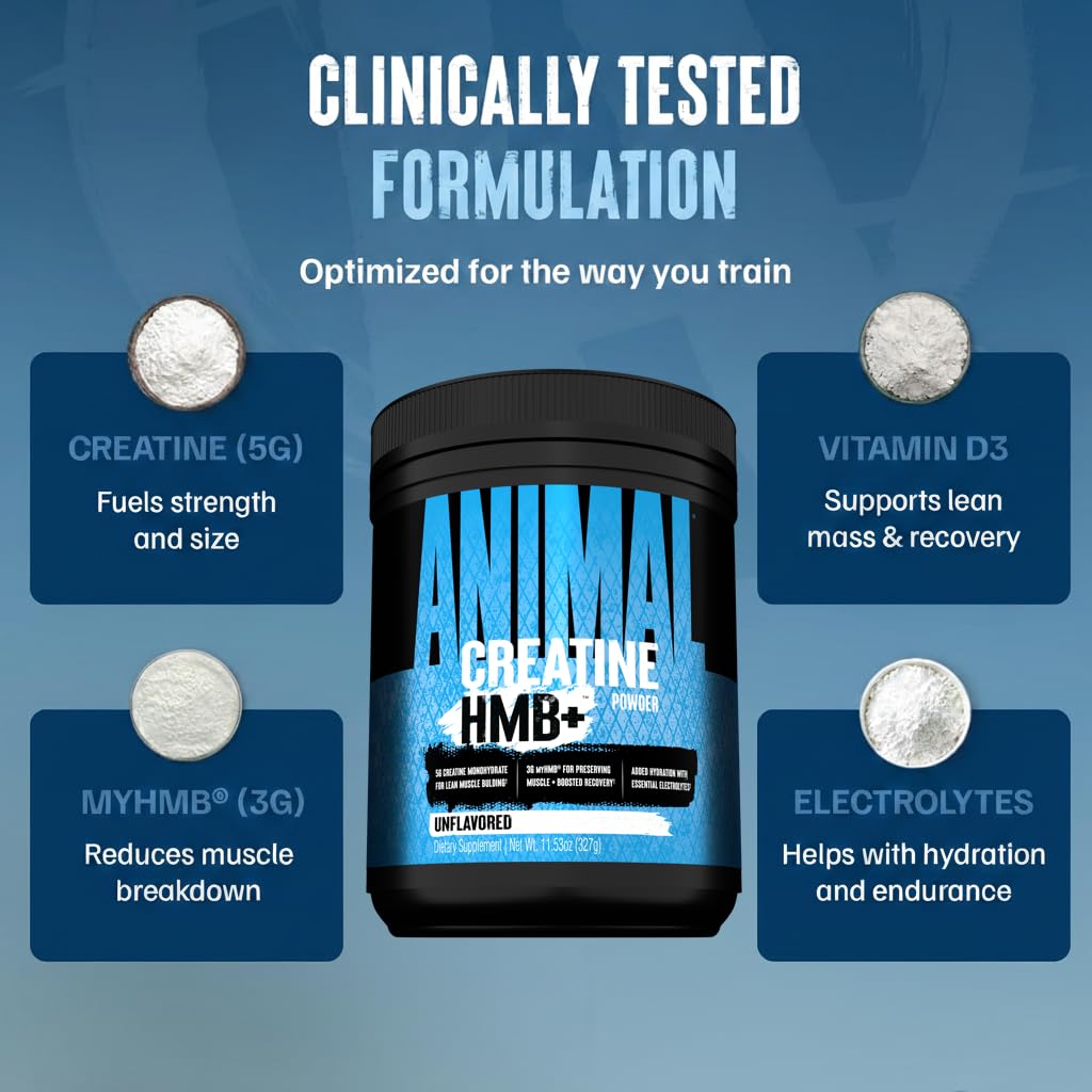 Animal Creatine HMB+ powder with measuring scoop