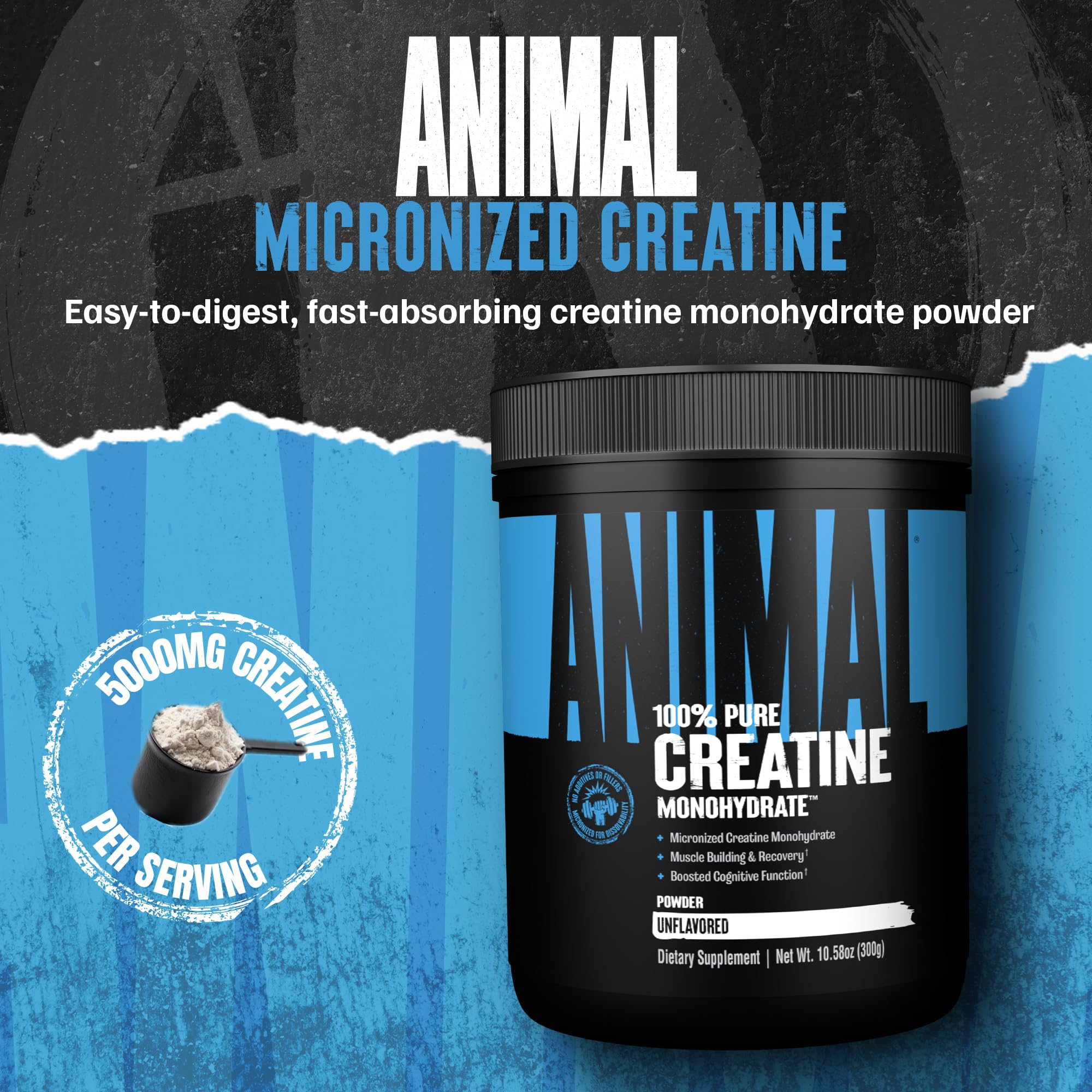 Animal Creatine Monohydrate 300g unflavoured powder scoop