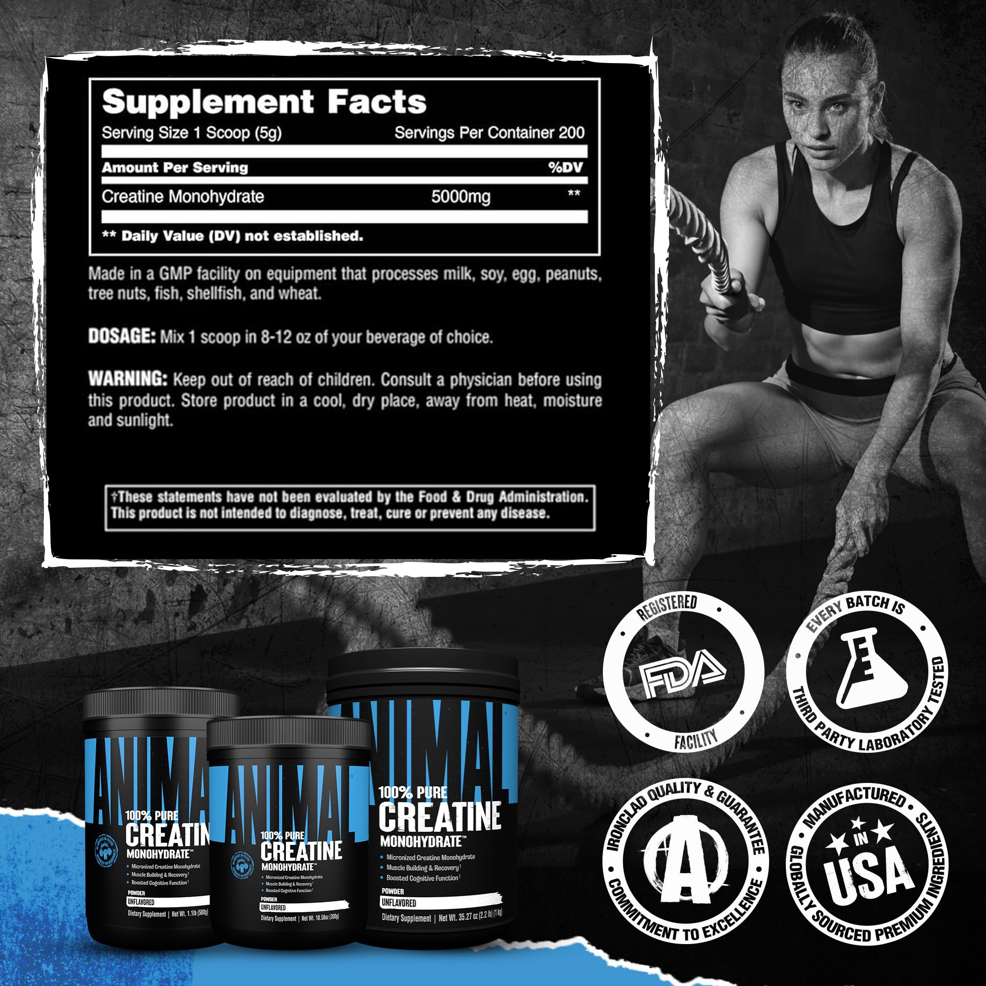 Animal Creatine Monohydrate Powder packaging with gym accessories