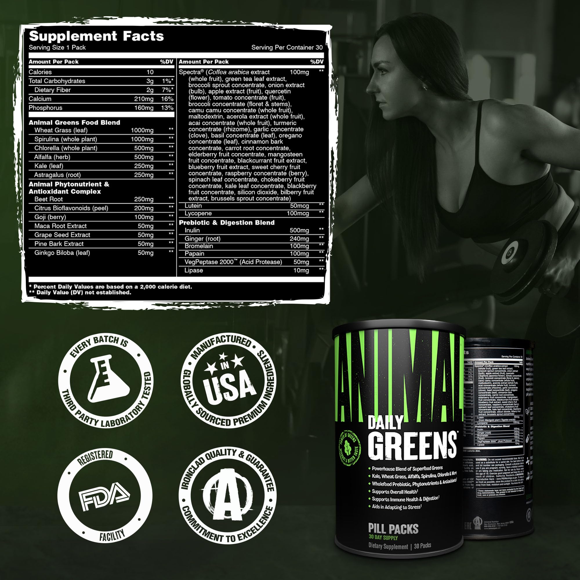 Animal Daily Greens supplement pack opened with capsules