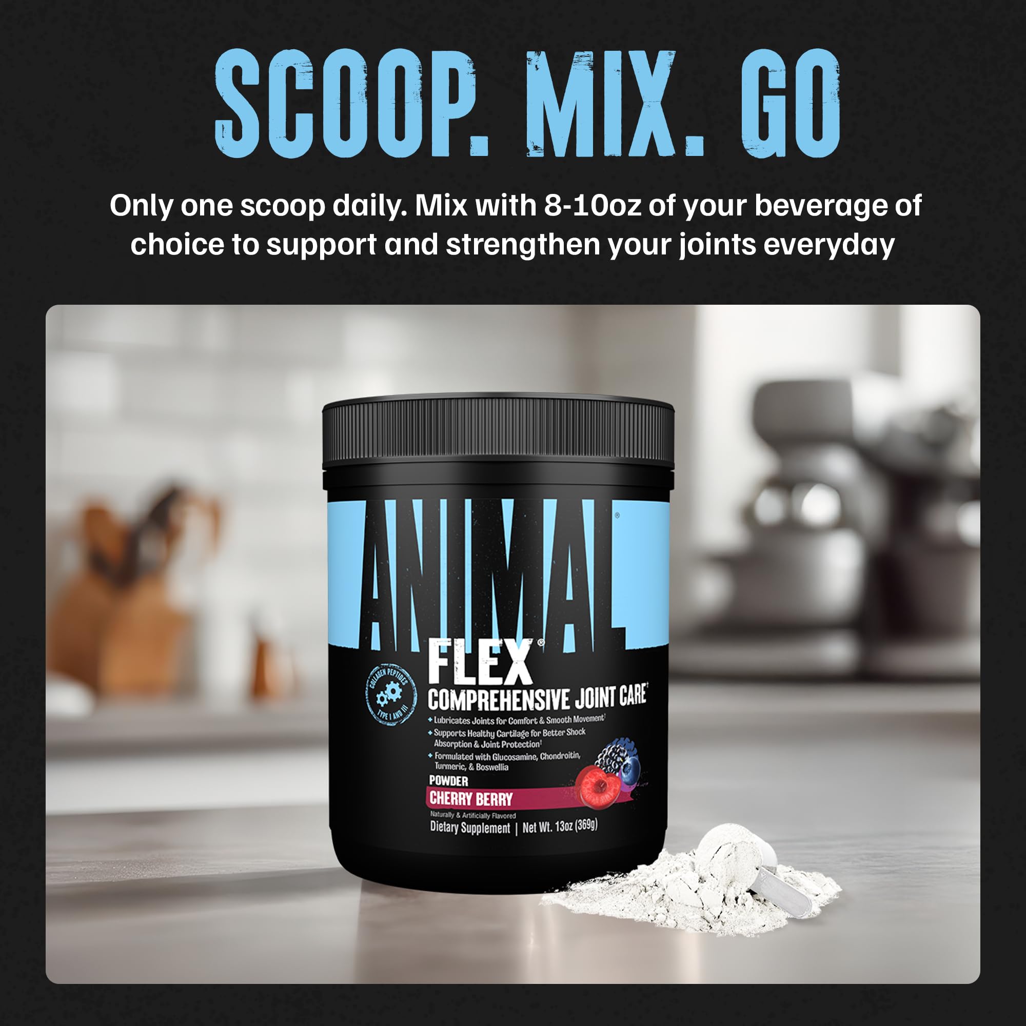 Animal Flex Joint Support Supplement 363g powder mixed in a glass
