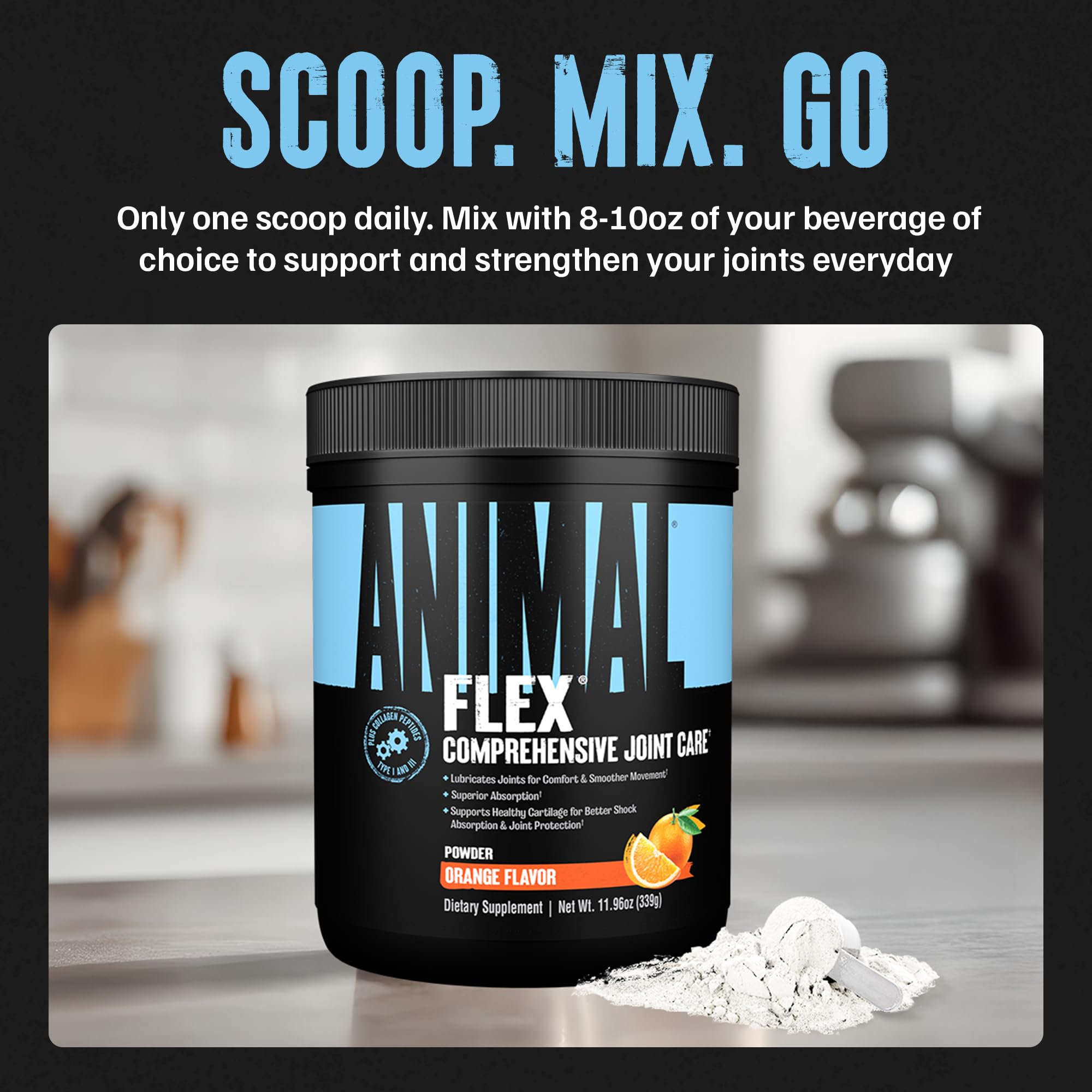 Animal Flex Joint Support Supplement 454g mixed in a glass
