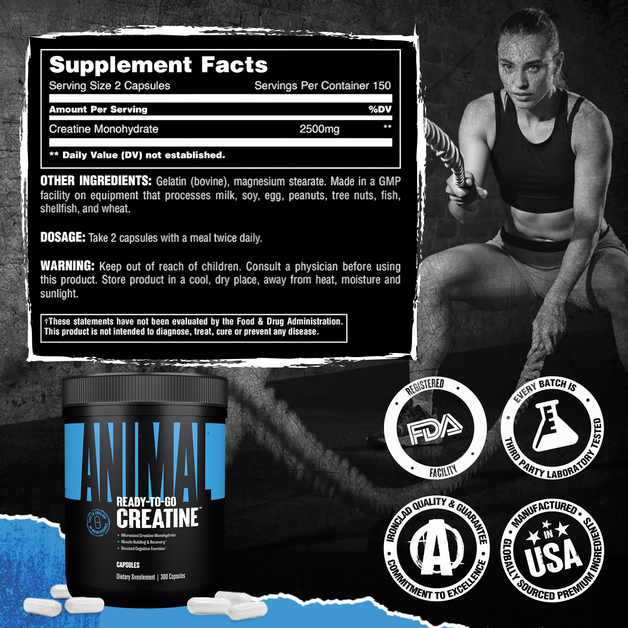 Animal Micronized Creatine Capsules showing capsule size