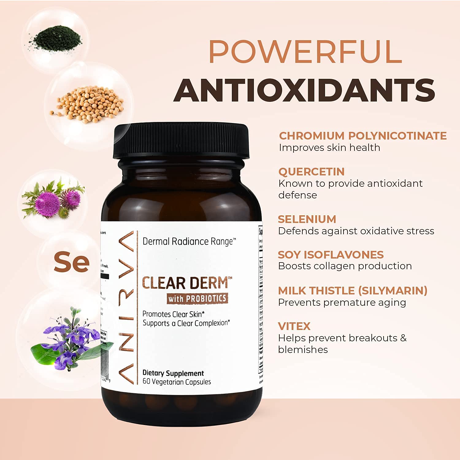 ANIRVA ClearDerm Acne Supplements ingredients list on packaging