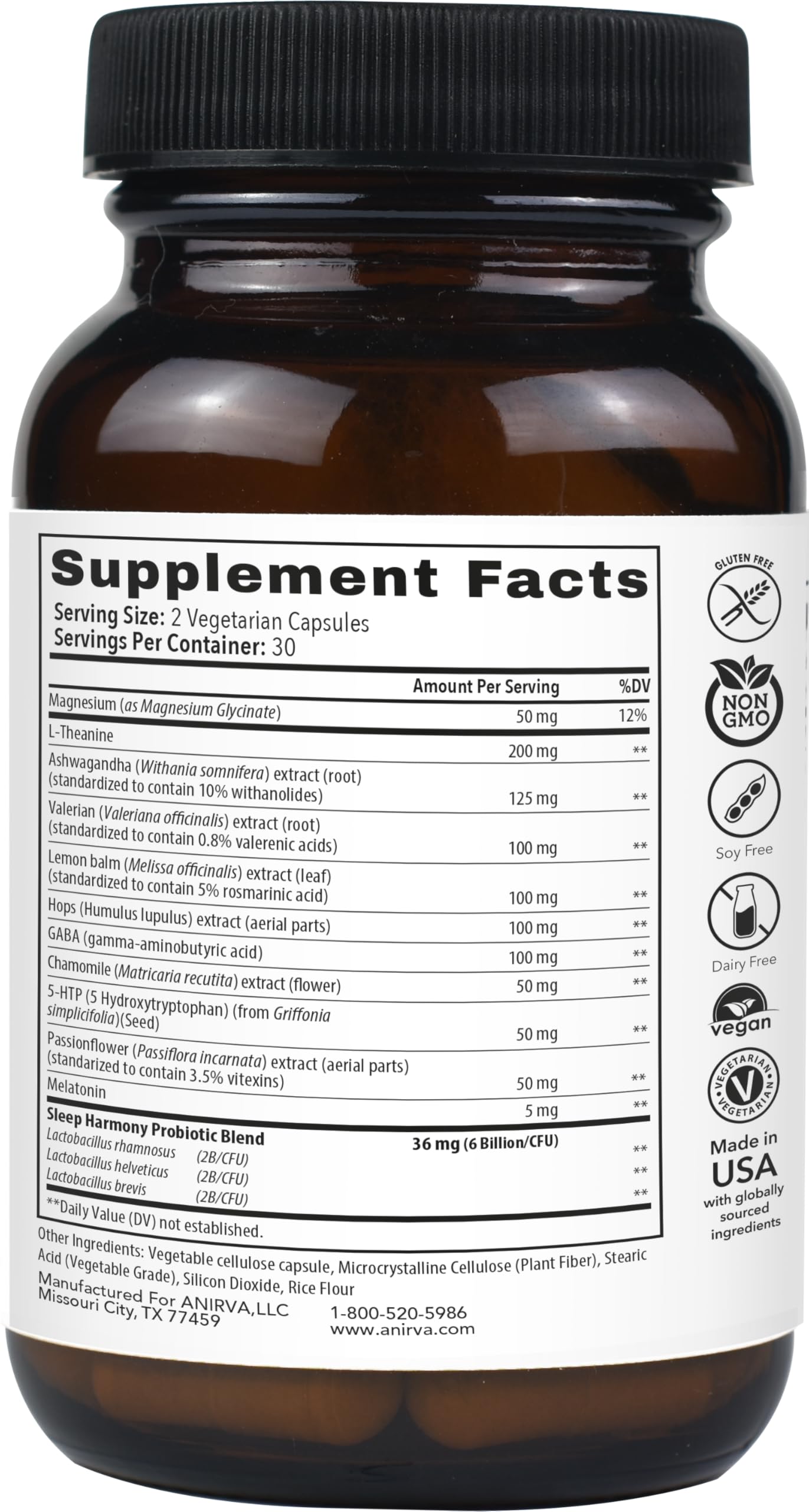 ANIRVA Sleep Harmony supplement capsules on a wooden surface