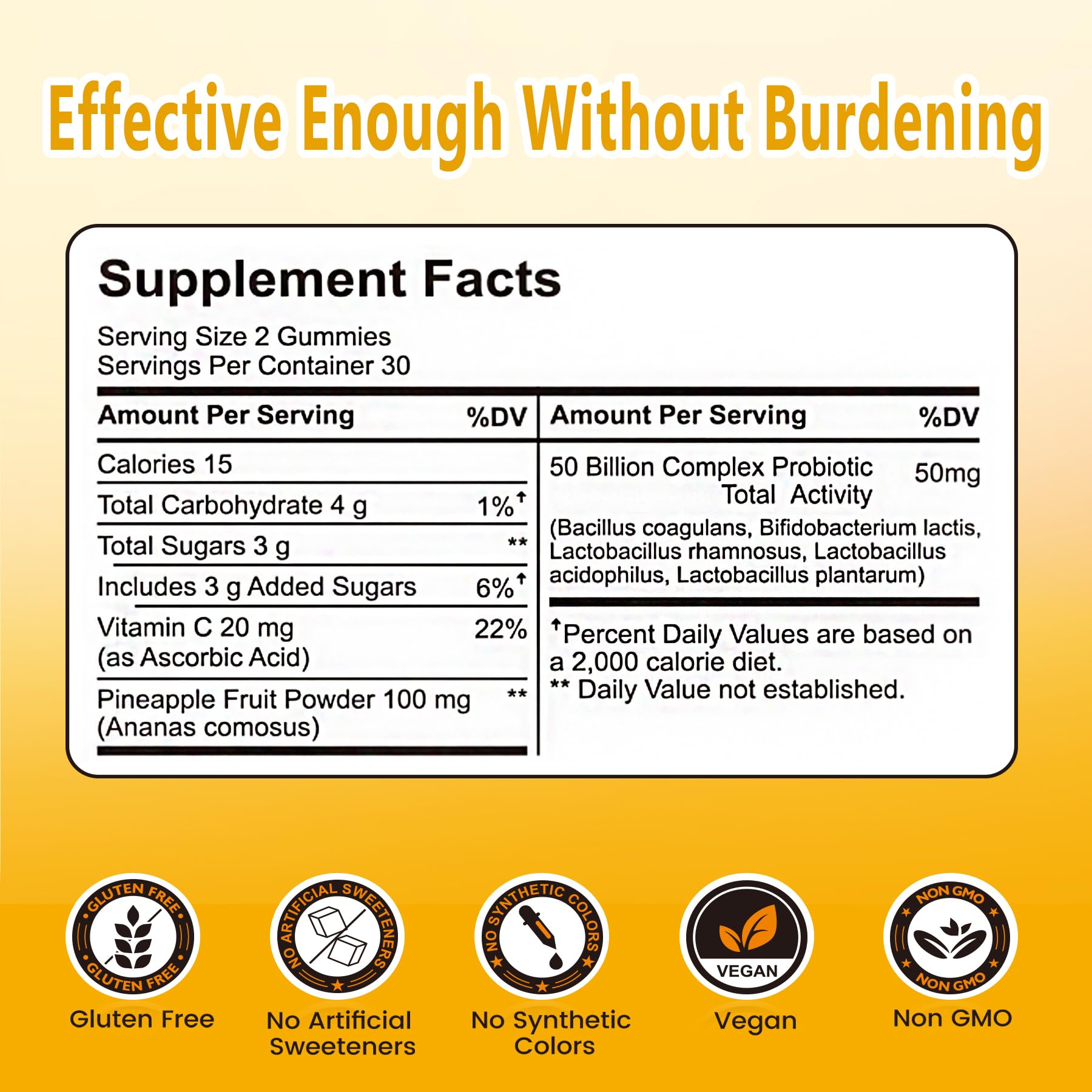 Anngola Probiotic Gummies back view with ingredient list