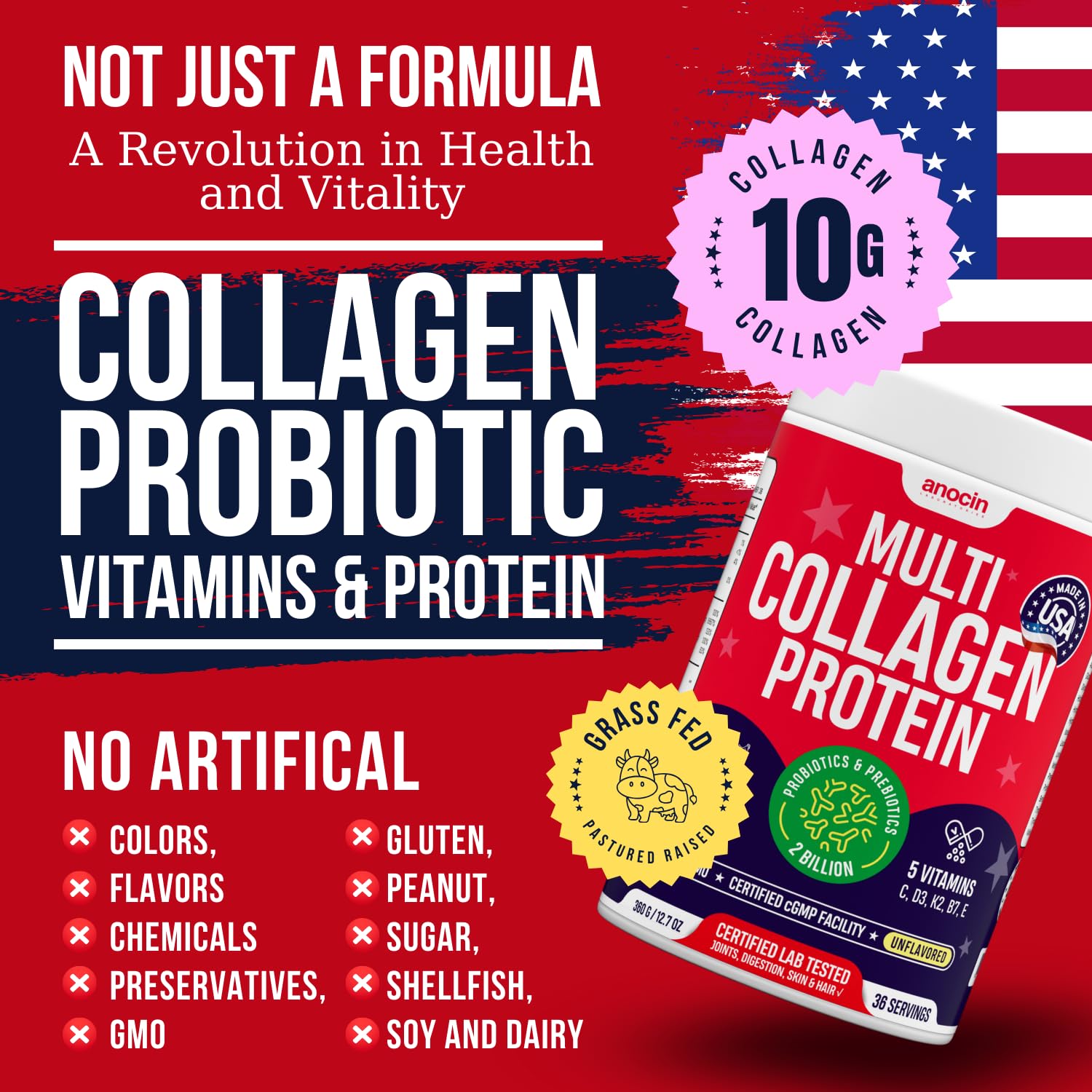 anocin Multi Collagen Powder 449g in a glass of water