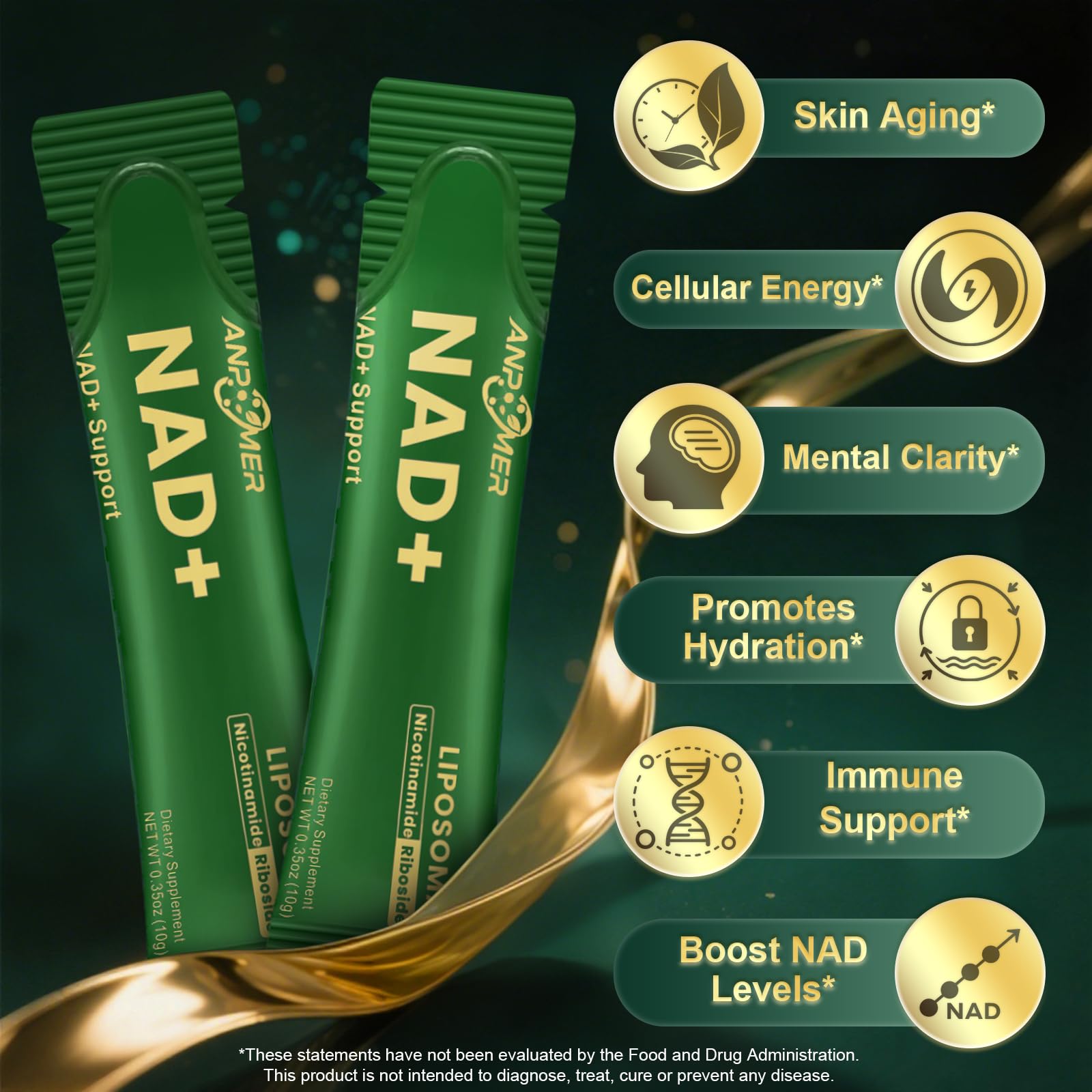 ANPOMER Liposomal NAD+ Supplement 600mg packet in a lifestyle setting