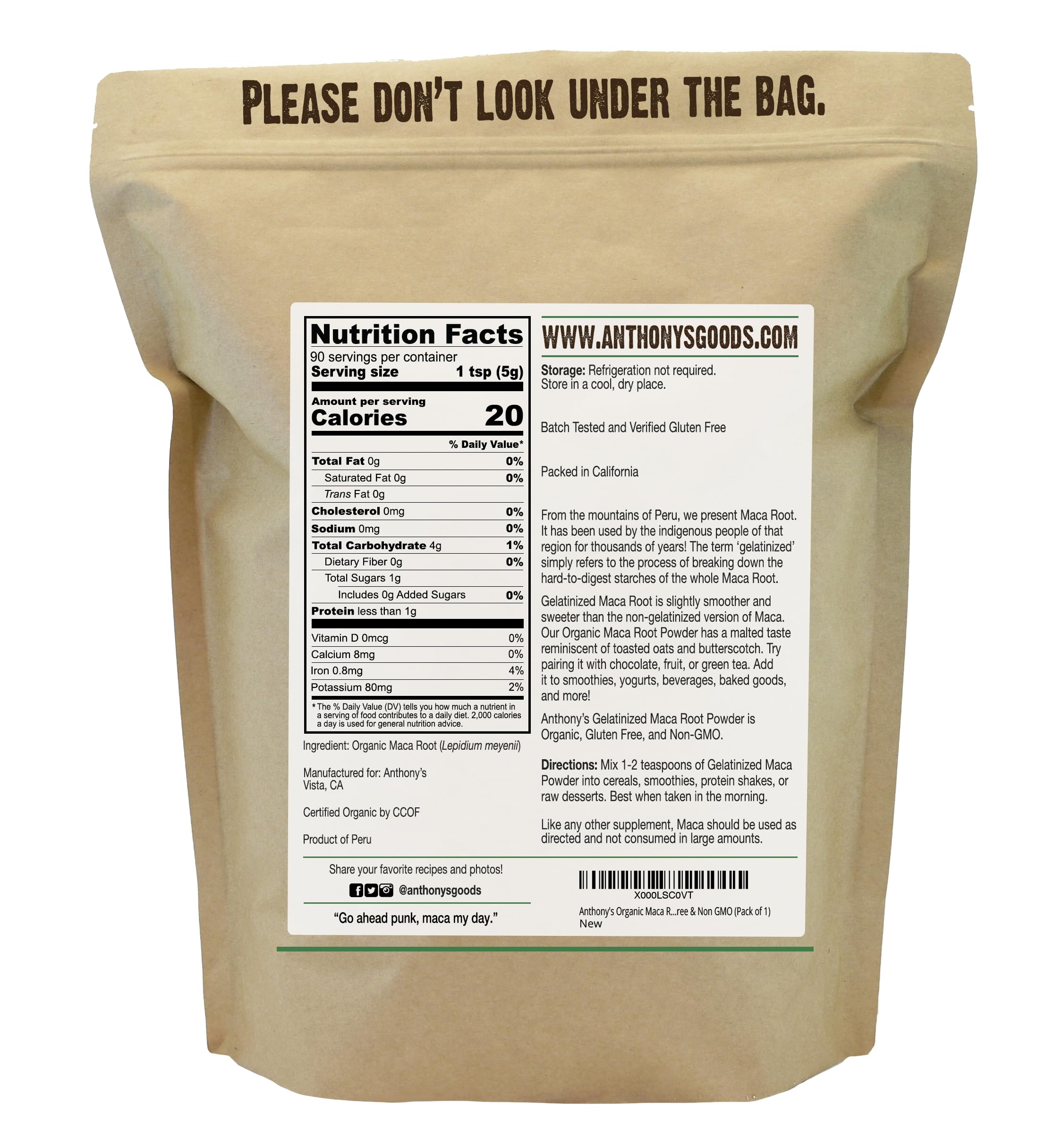Anthony's Gelatinized Maca Root Powder packaging