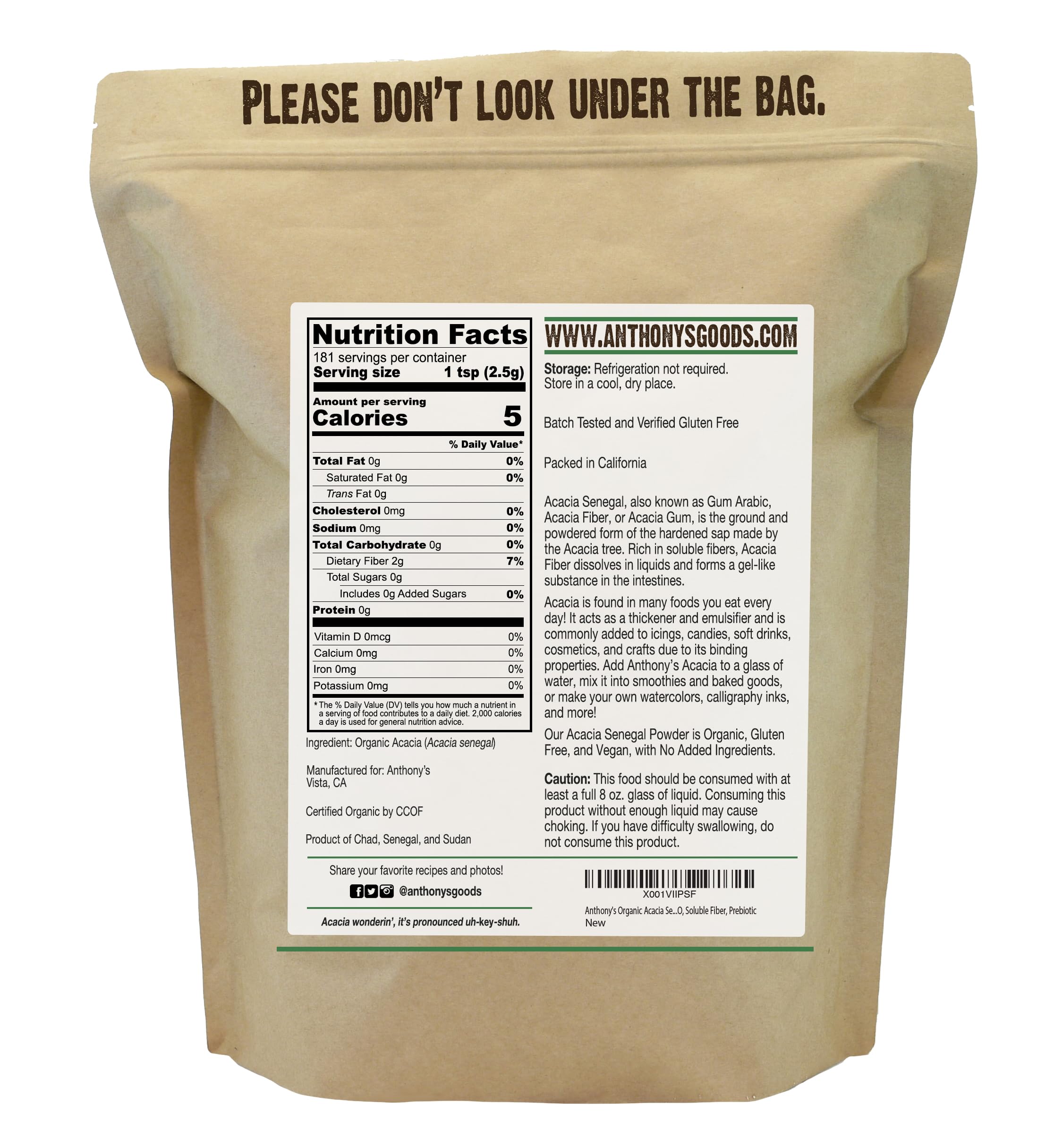 Anthony's Organic Acacia Senegal Fiber packaging side view