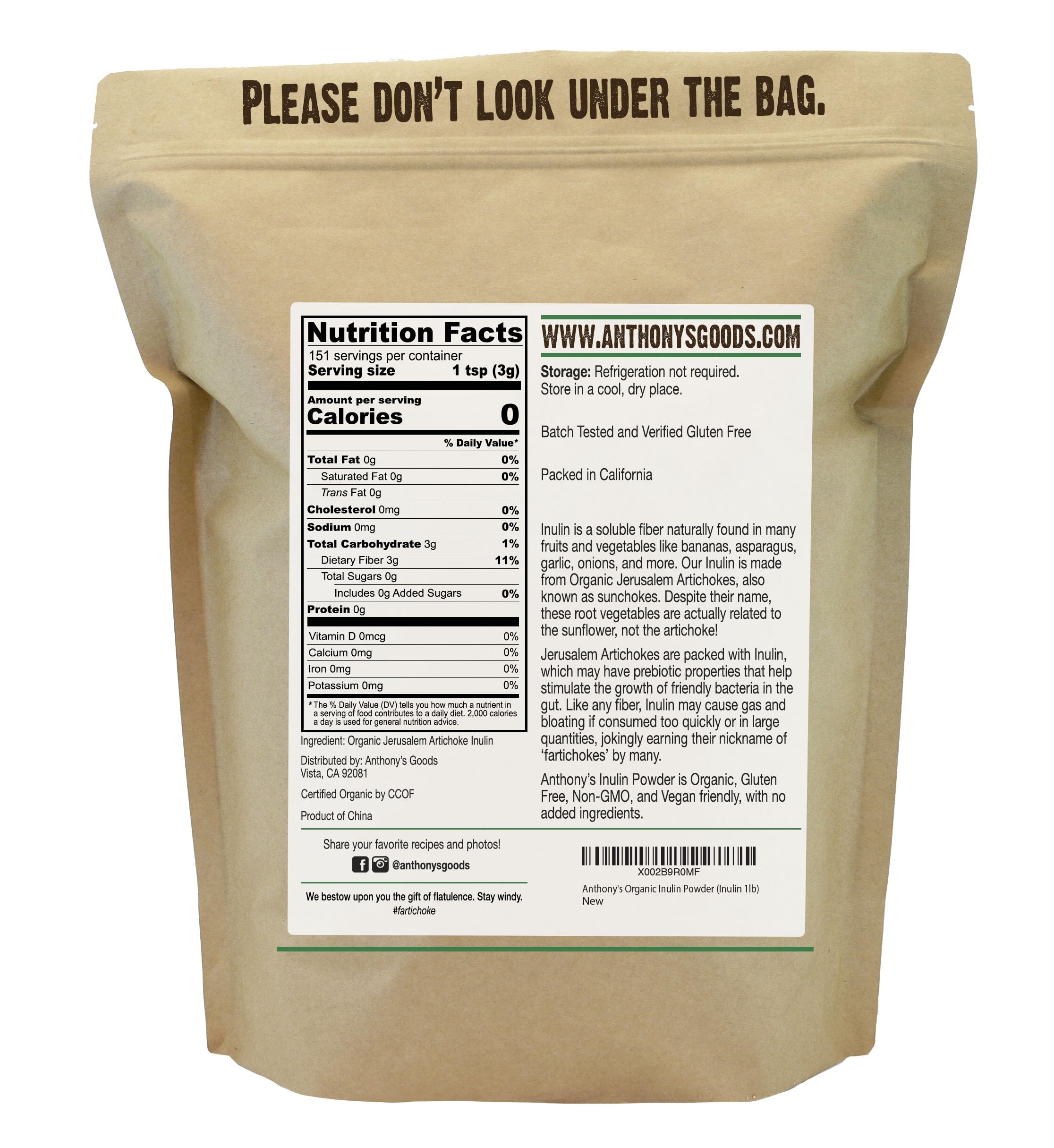 Anthony's Organic Inulin Powder packaging side view