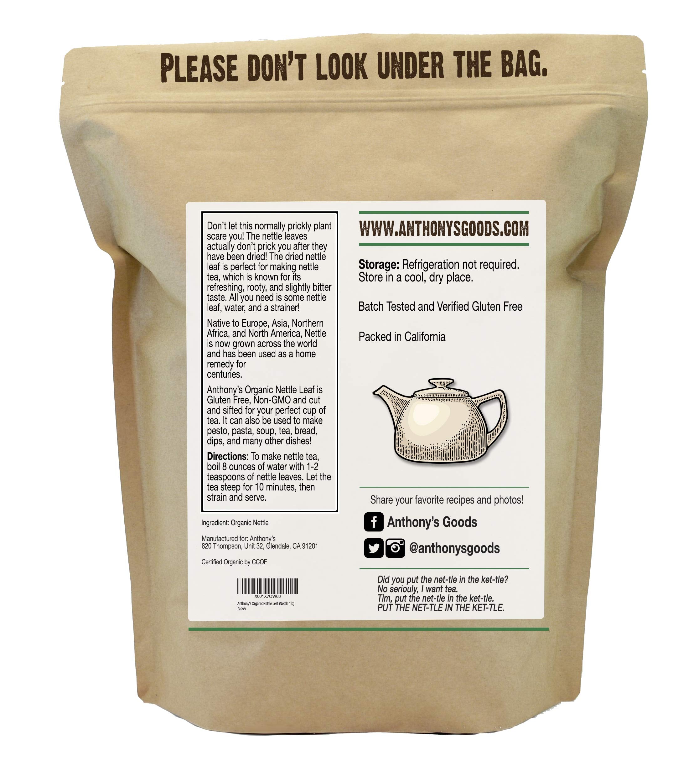 Anthony's Organic Nettle Leaves 454g back view with nutritional information