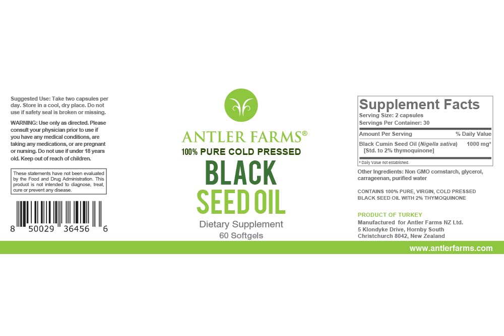 Antler Farms Black Seed Oil 100% Pure label close-up