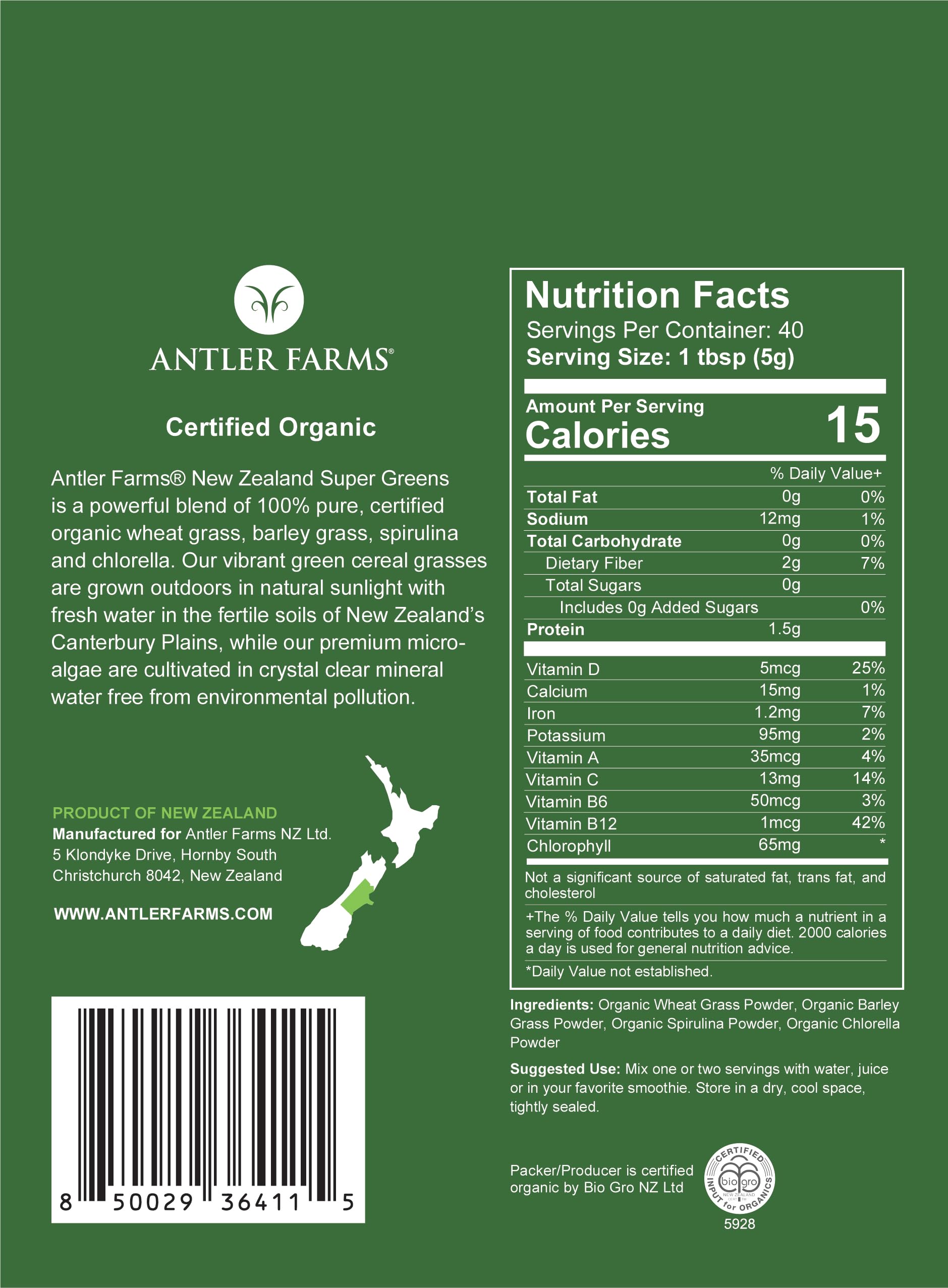 Antler Farms Chlorella 200g nutritional information
