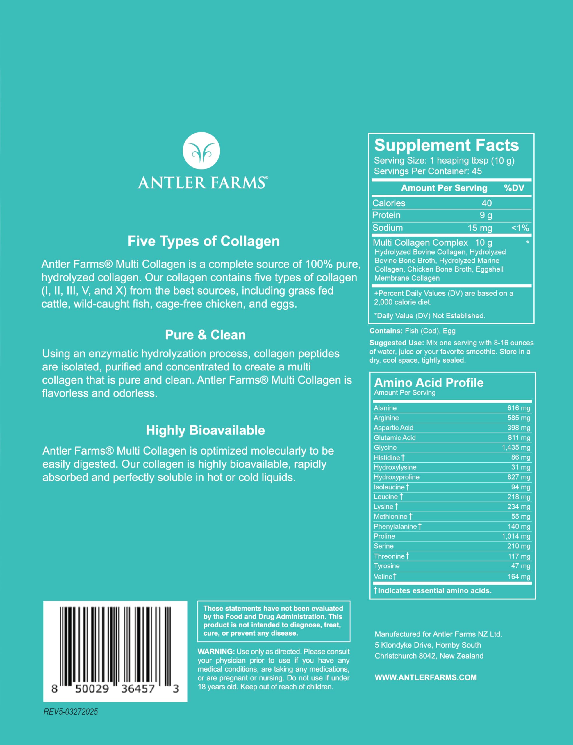 Antler Farms Multi Collagen Protein Powder back view with nutritional information