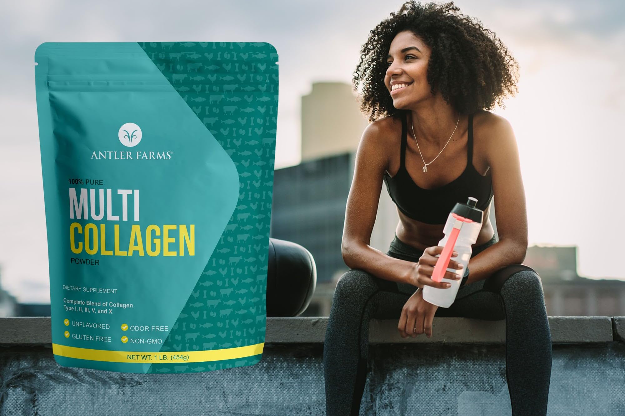 Antler Farms Multi Collagen Protein Powder in a glass with water