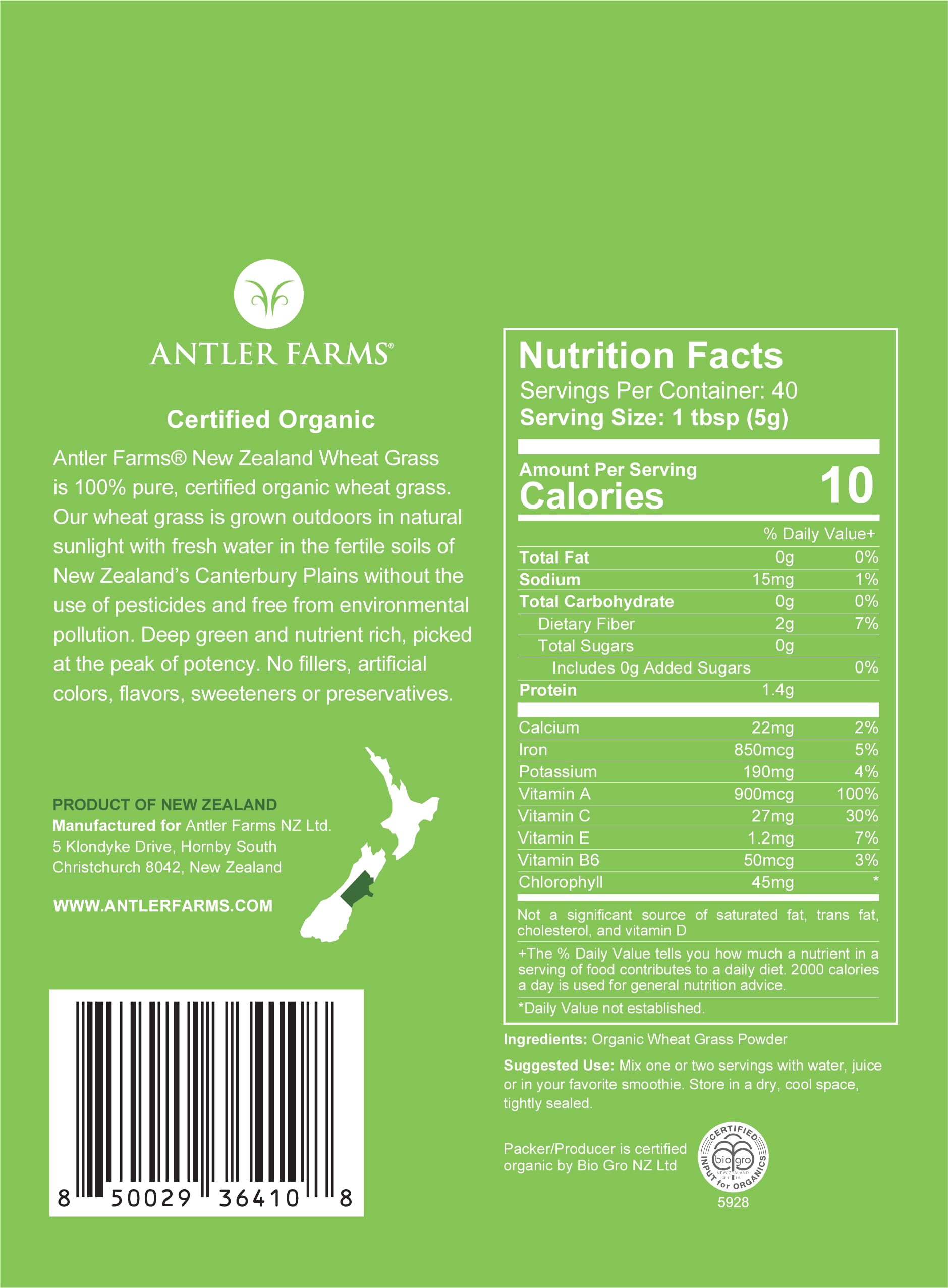 Antler Farms Wheat Grass Powder 200g packaging