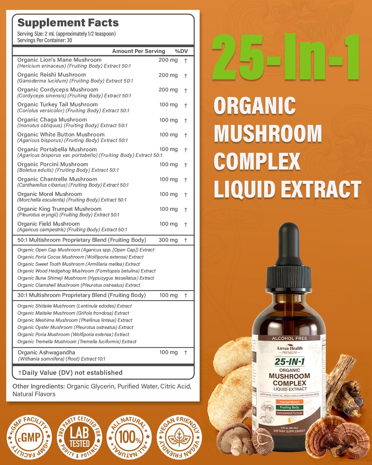 Anven Health 25-in-1 Mushroom Complex Liquid Tincture bottle with dropper