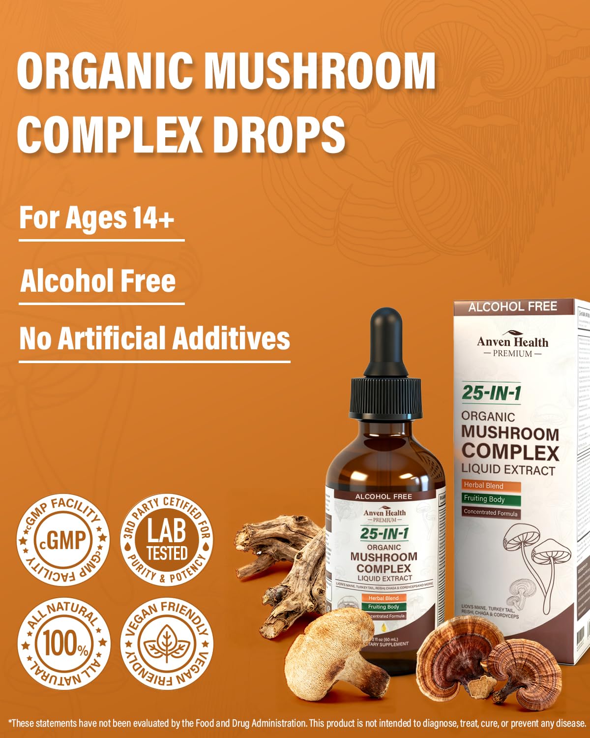 Anven Health 25-in-1 Mushroom Complex Liquid Tincture on a wooden table