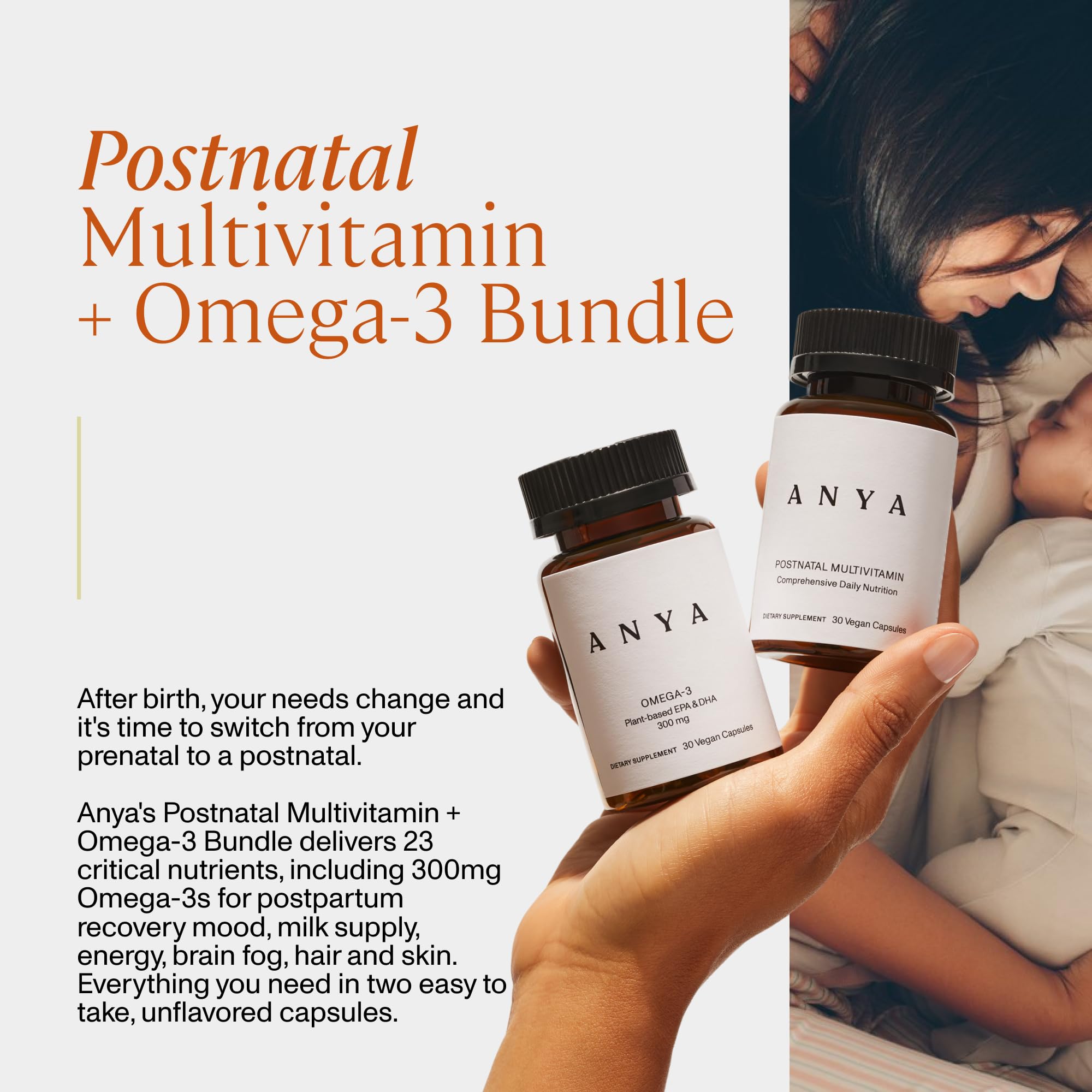 ANYA Postnatal Multivitamin back view showing ingredients