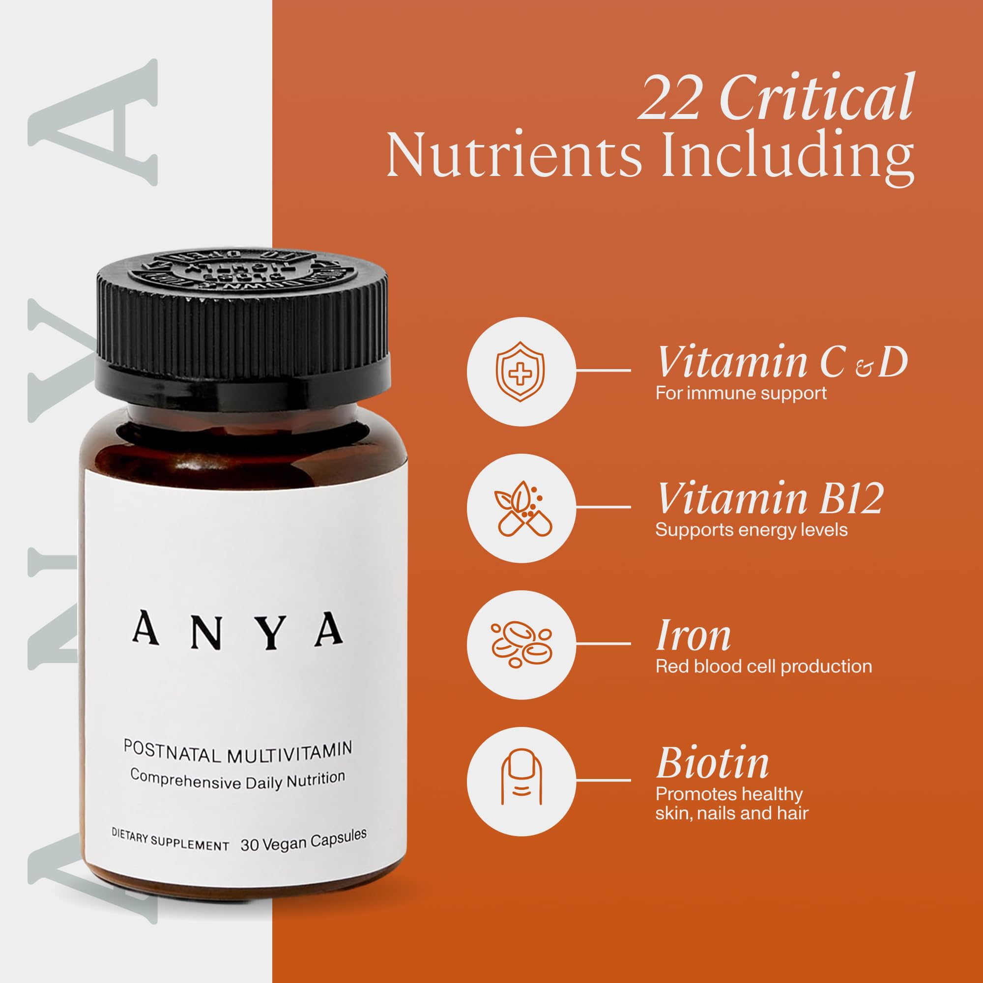 ANYA Postnatal Multivitamin capsules on a wooden surface