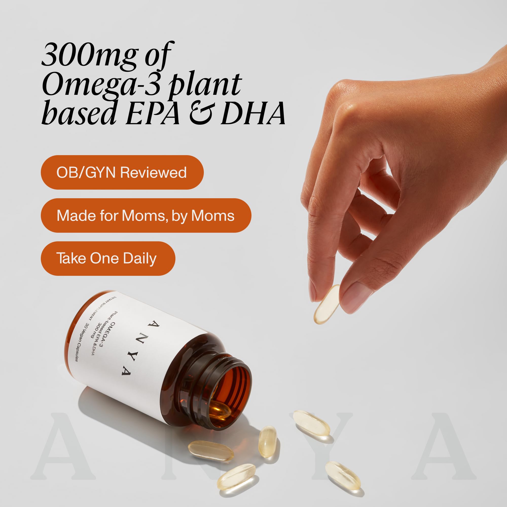 ANYA Vegan Omega-3 Prenatal Vitamins displayed on a kitchen counter