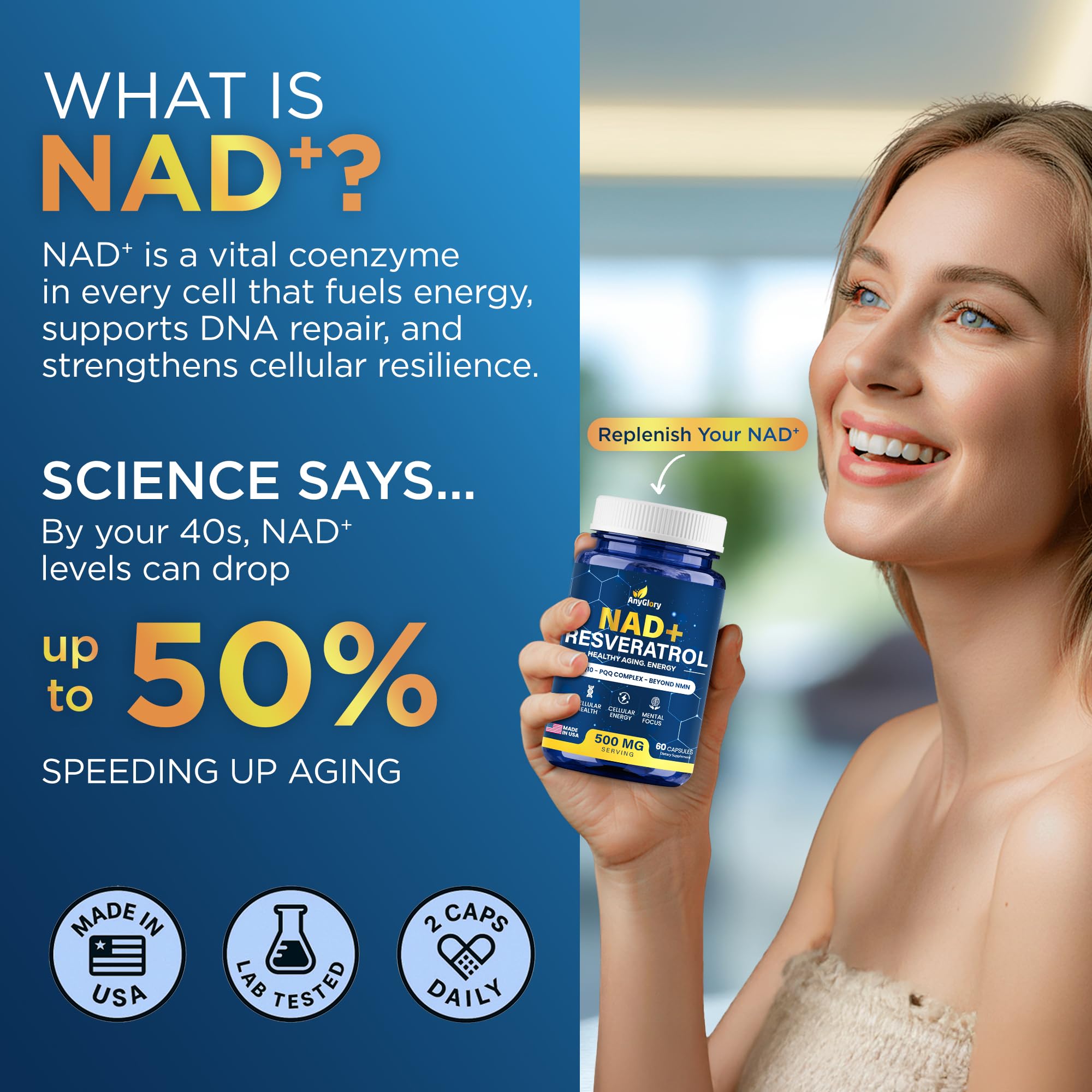Anyglory NAD+ Supplement 500mg Resveratrol bottle with a green plant background