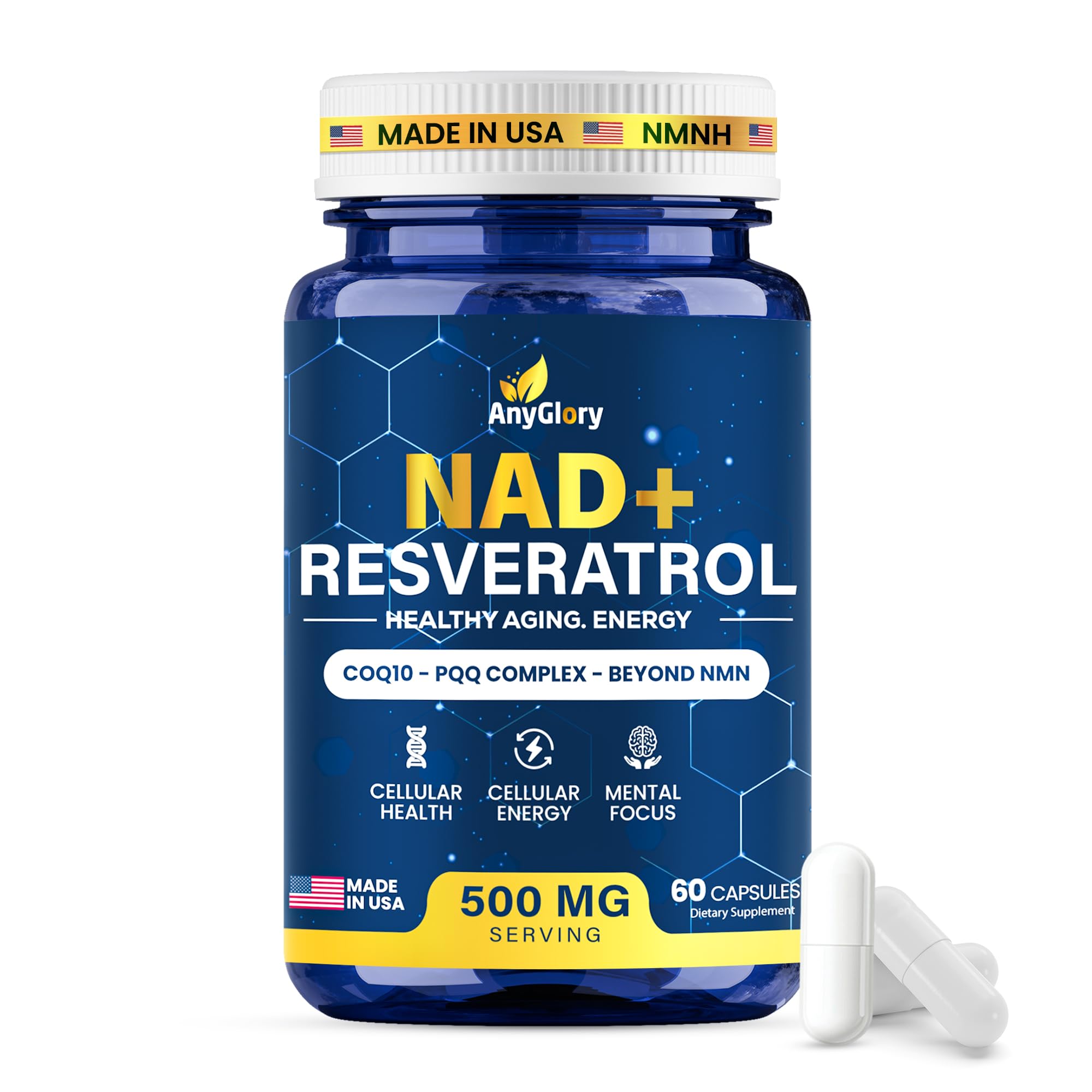 Anyglory NAD+ Supplement 500mg Resveratrol capsule bottle front view