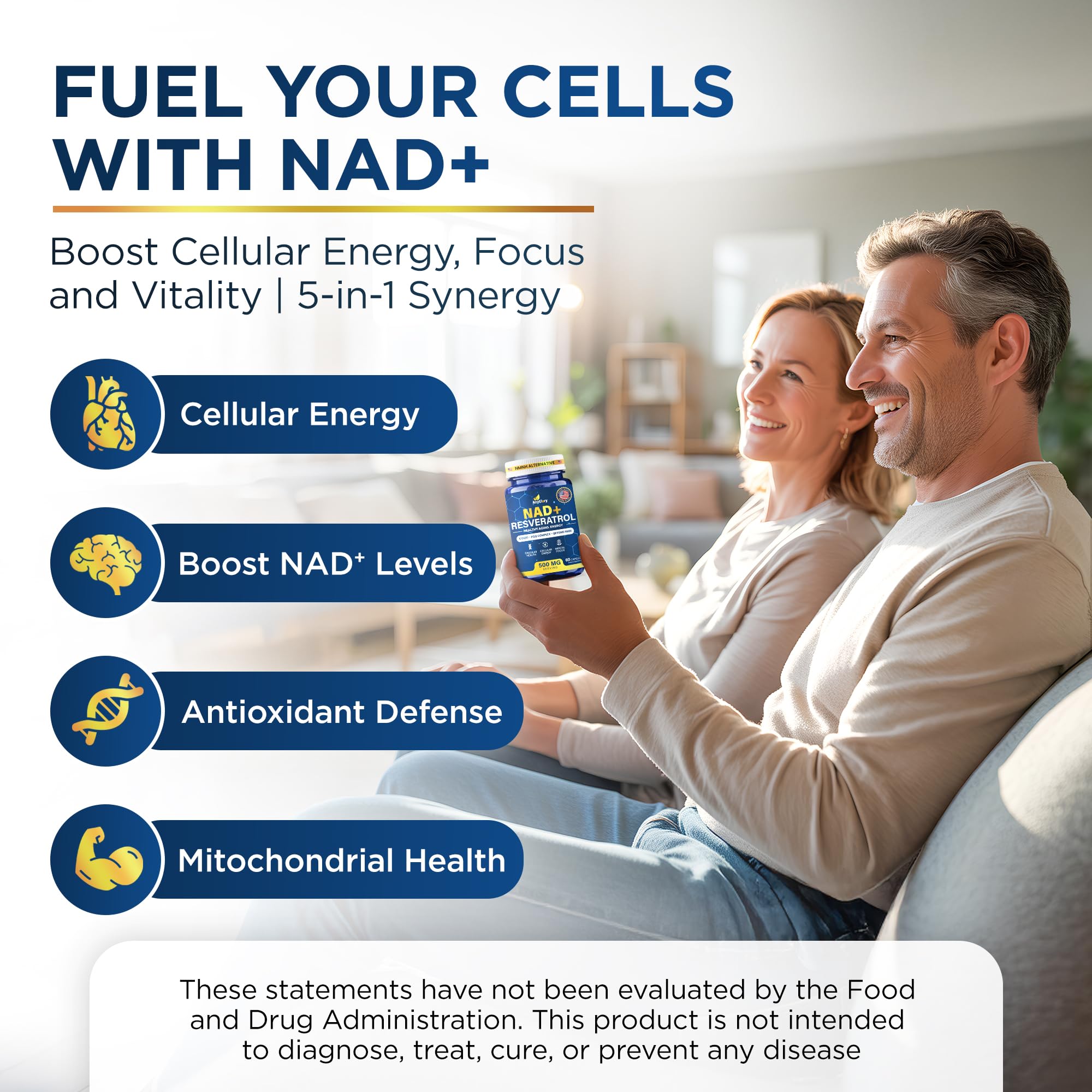 Anyglory NAD+ Supplement 500mg Resveratrol capsules on a wooden surface