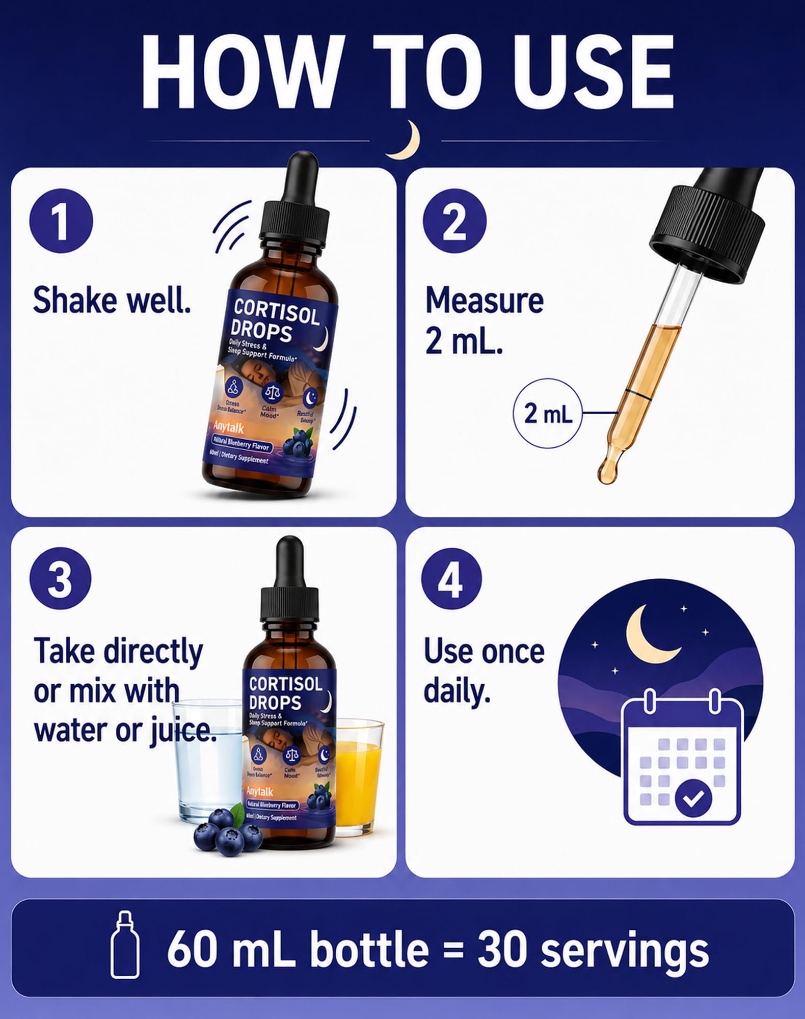 ANYTALK Cortisol Supplements 2 Fl Oz bottle with measuring dropper