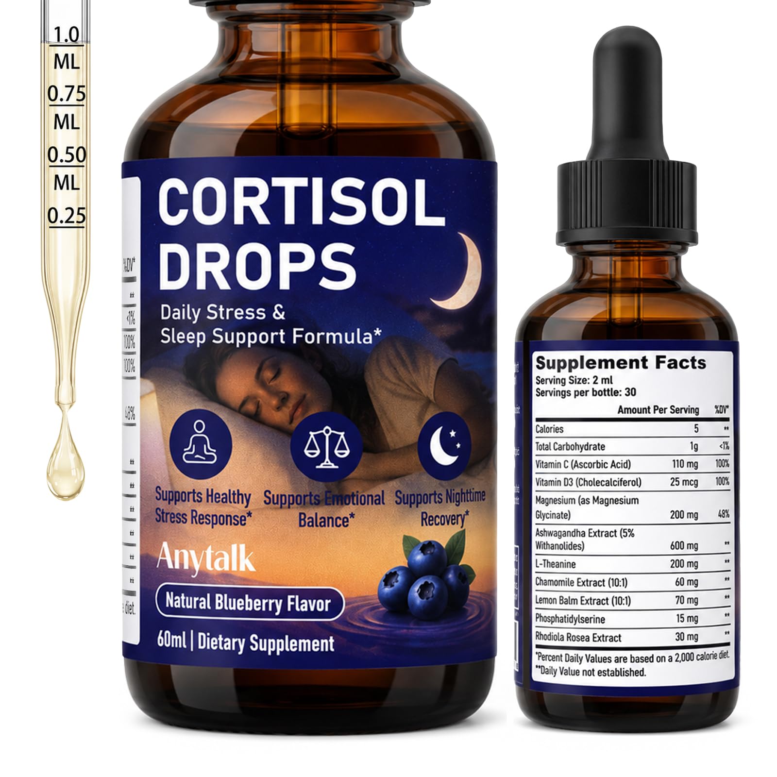 ANYTALK Cortisol Supplements 2 Fl Oz liquid drops front view