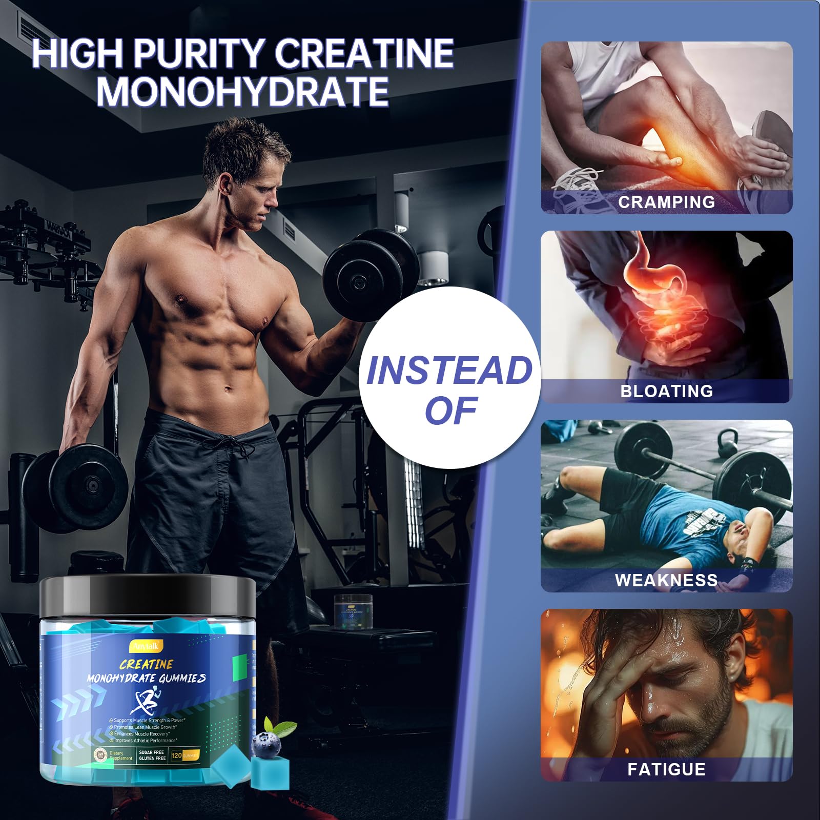 ANYTALK Creatine Monohydrate Gummies on a gym bench