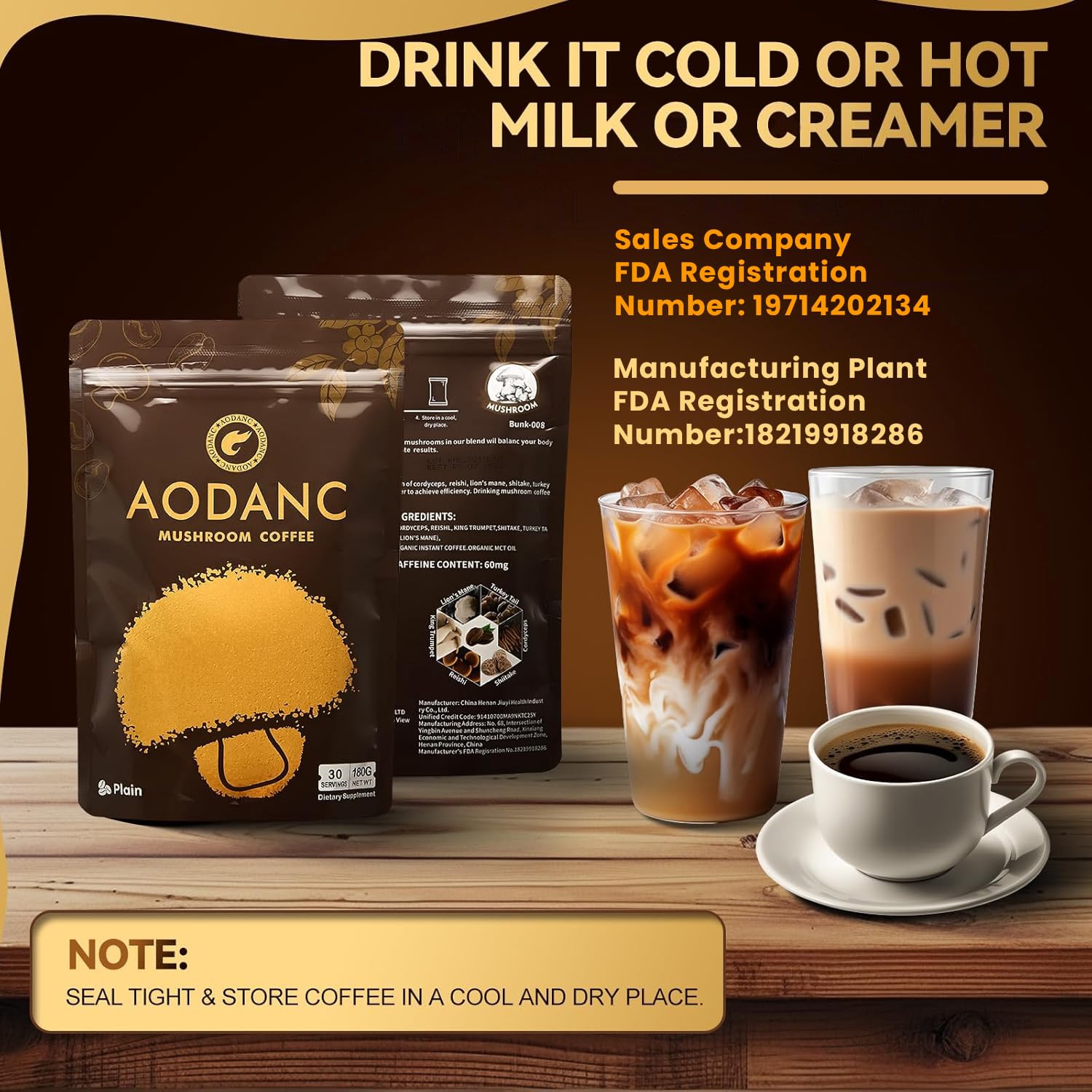 AODANC Mushroom Coffee ingredients list on packaging