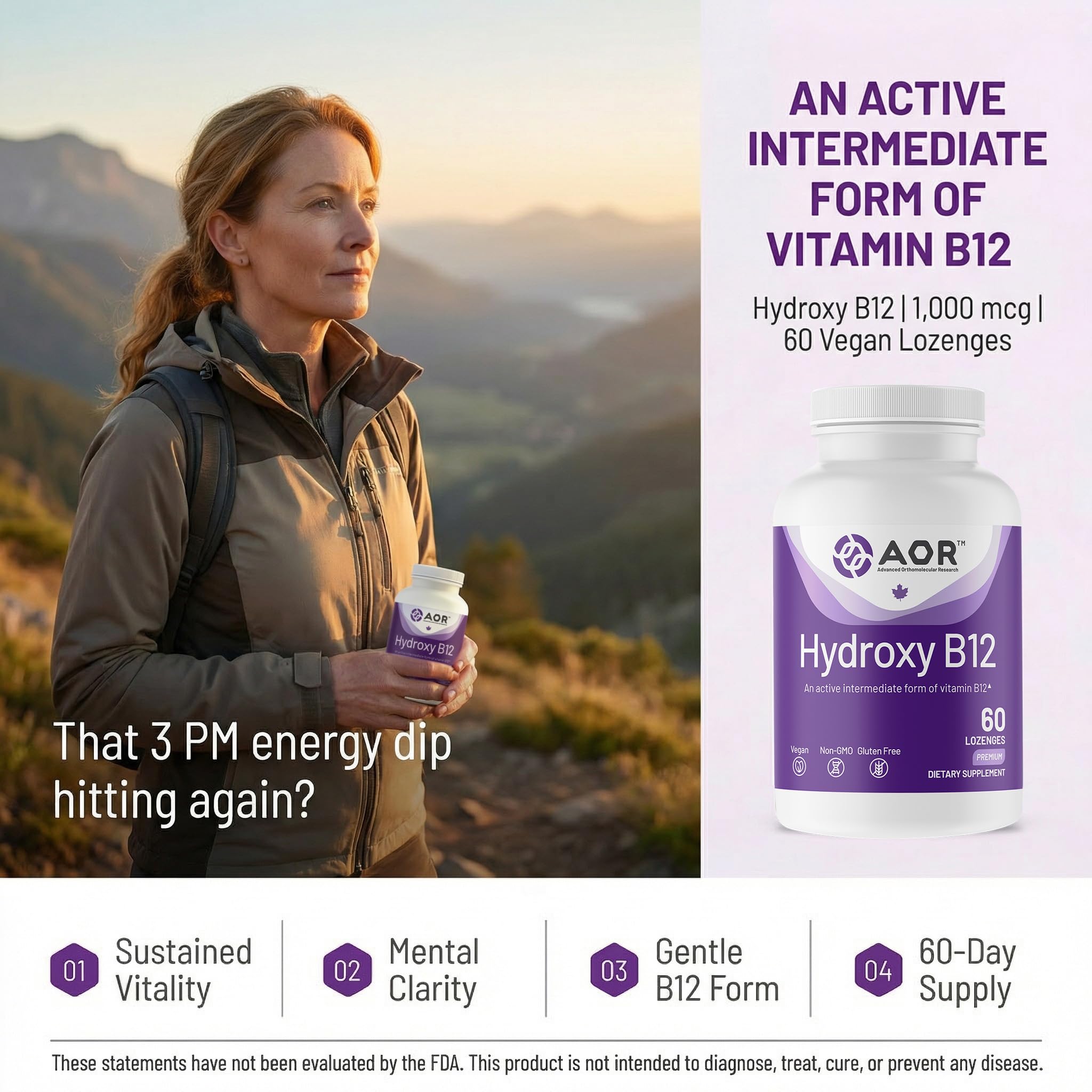 AOR Hydroxy B12 Lozenge packaging with 60 count
