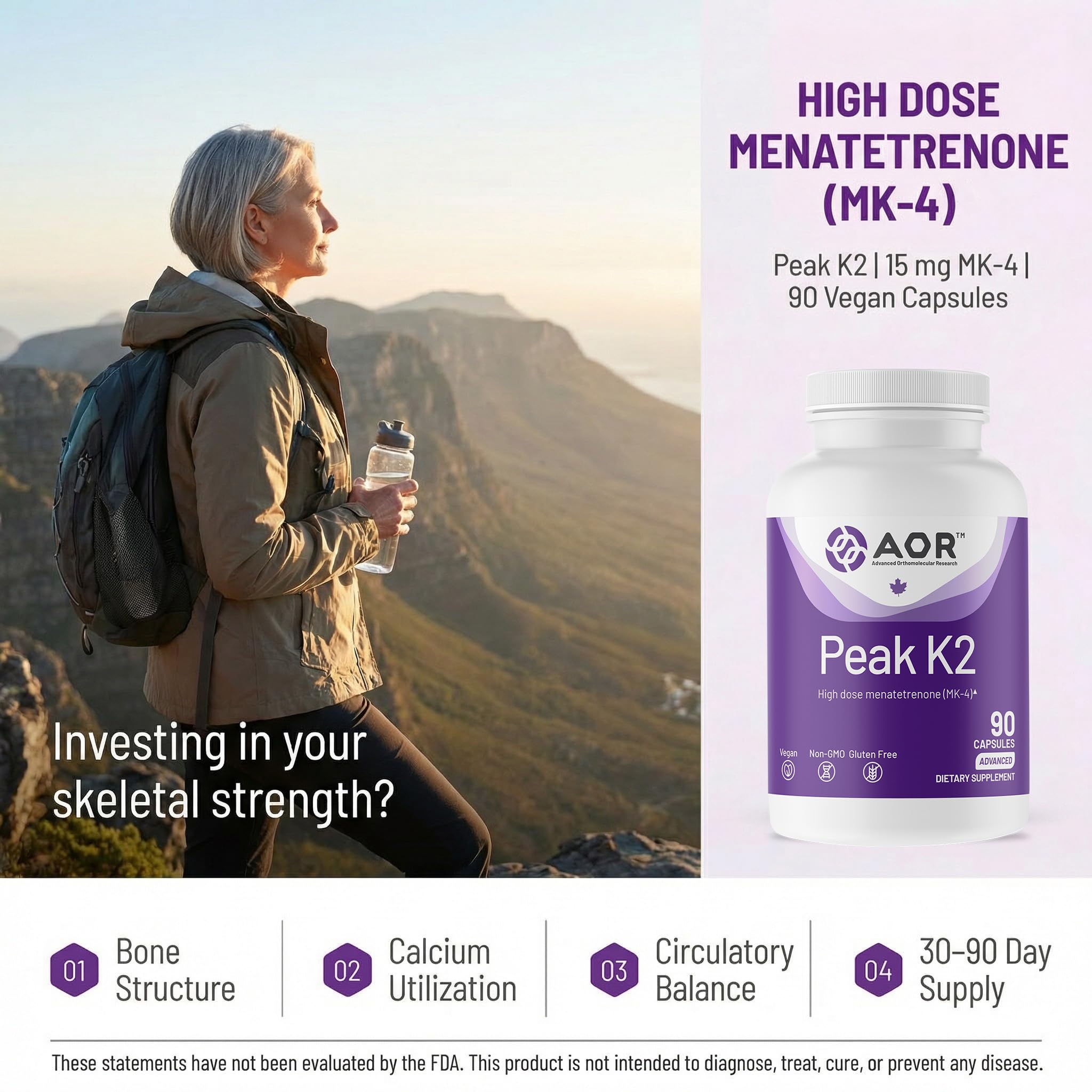 AOR Peak K2 Multivitamin 90 vegan capsules side view