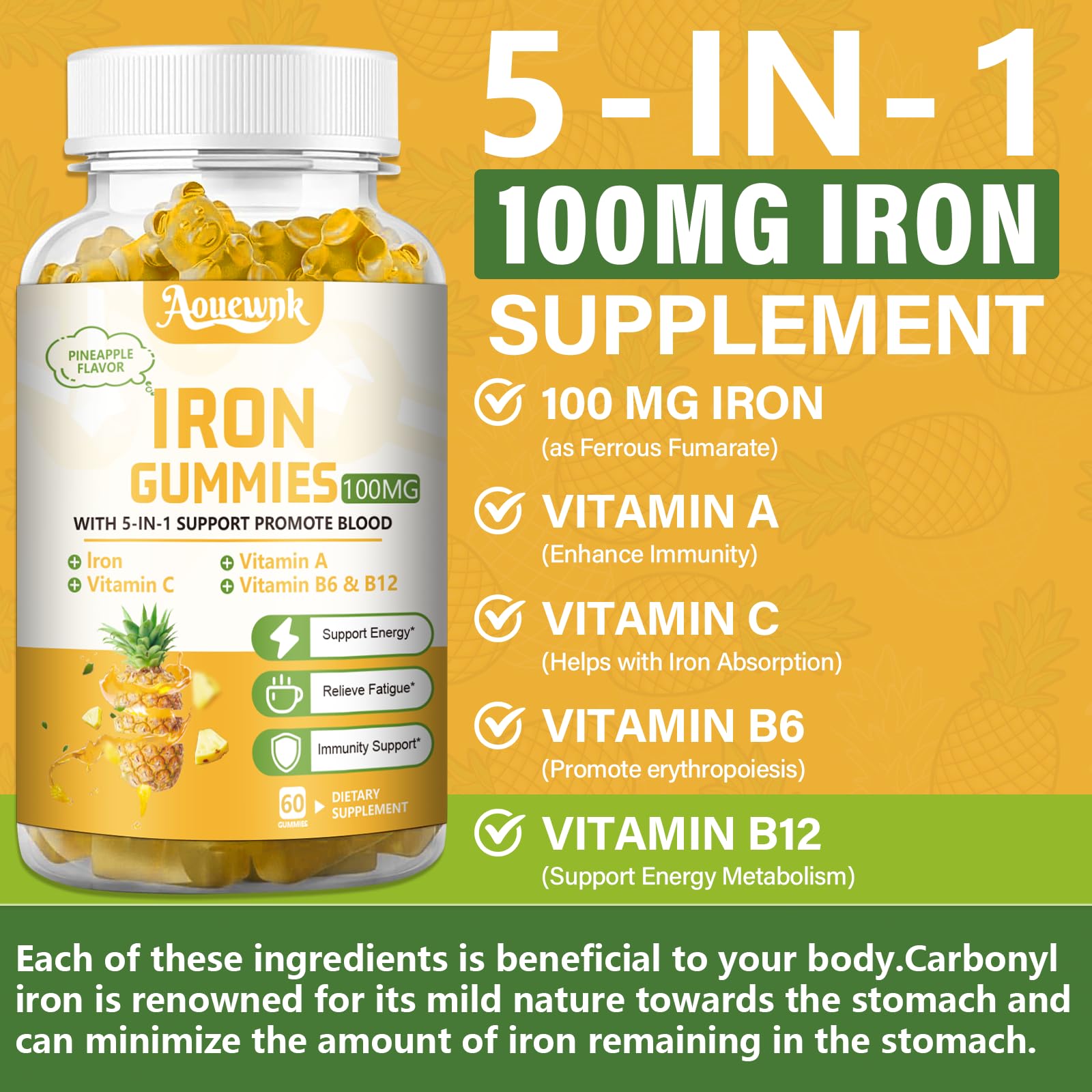 Aouewnk Iron Gummies with vitamins A, C, B6, B12 details