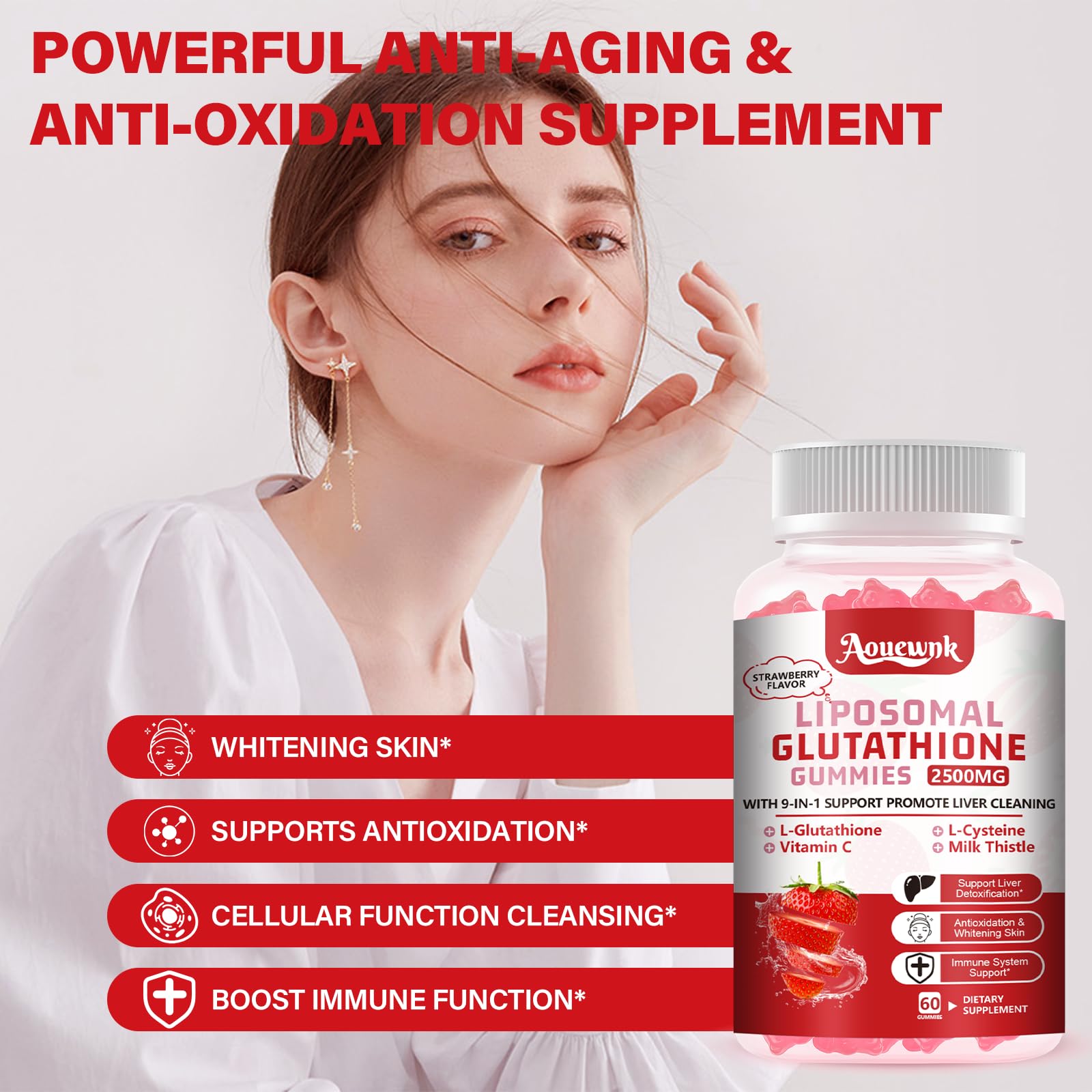 Aouewnk Liposomal Glutathione Gummies in a bowl with fresh berries
