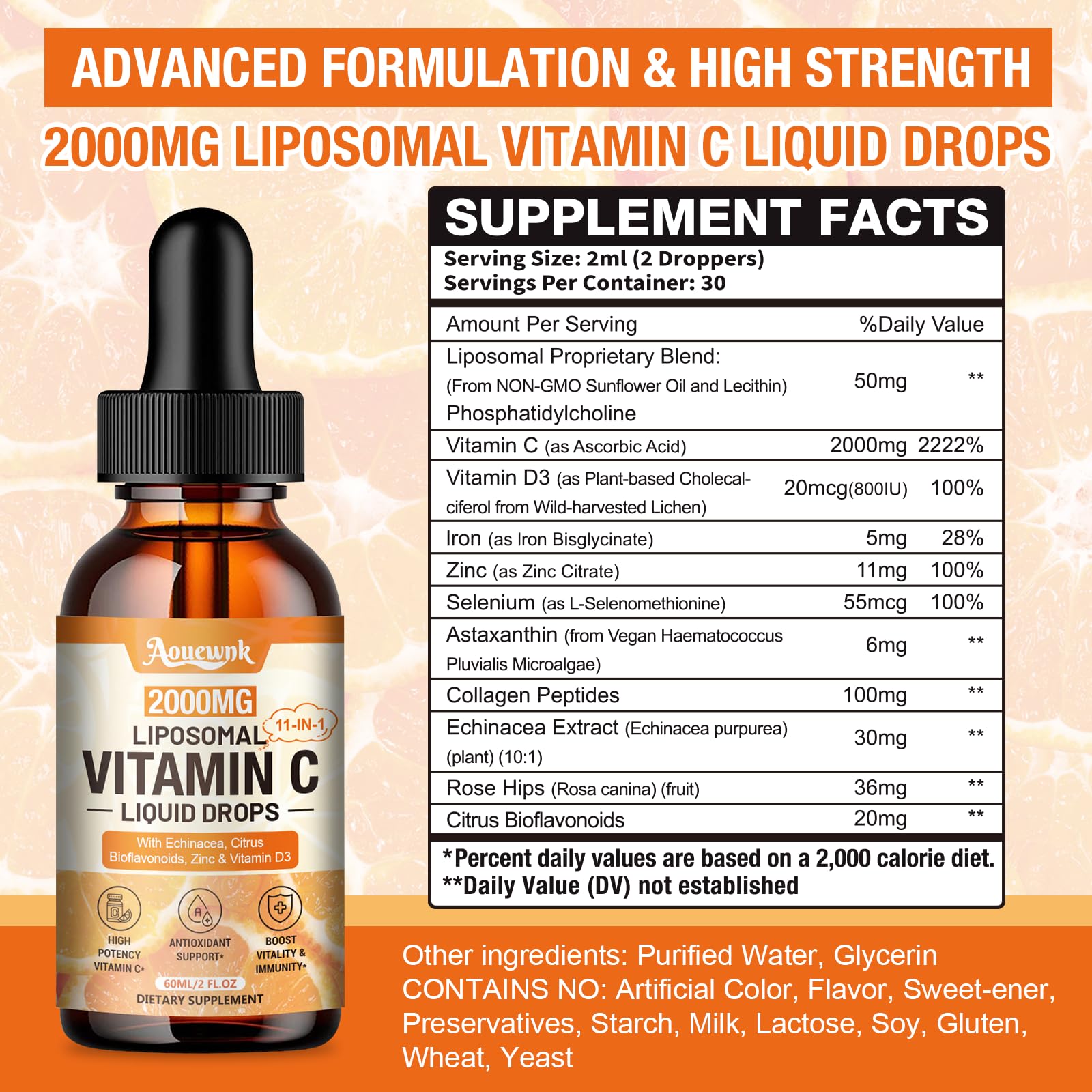 Aouewnk Liposomal Vitamin C Liquid Drops 2000mg bottle side view