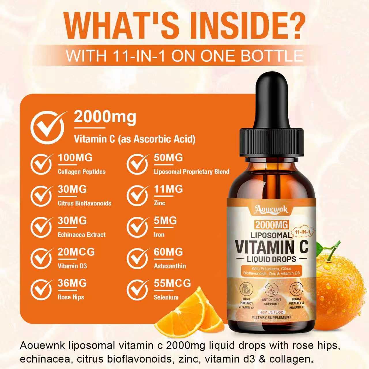 Aouewnk Liposomal Vitamin C Liquid Drops 2000mg with ingredients list